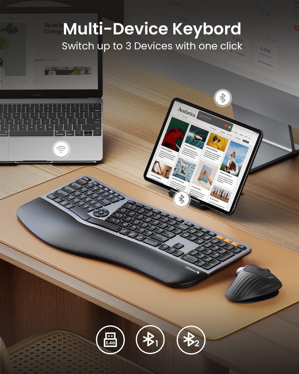 Backlit Bluetooth Ergonomic Keyboard, ProtoArc EK01 Plus Full Size Wireless Split Keyboard with Dual Bluetooth and USB, Cushioned Wrist Rest, Rechargeable for Windows/Mac/Android, Grey Black