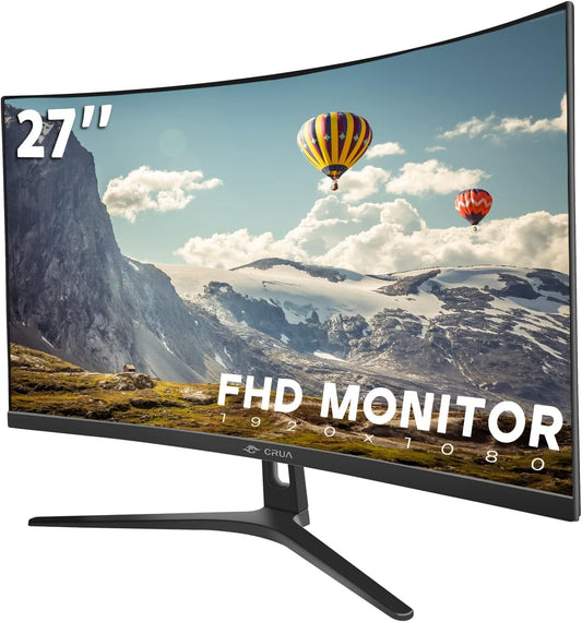CRUA 27" Curved Monitor, FHD(1920x1080P) VA Panel, 100HZ, 120% sRGB Professional Computer Monitor, Narrow Bezels on Three Sides, Blue Light Filter, Office and Dormitory(HDMI, VGA)-Black