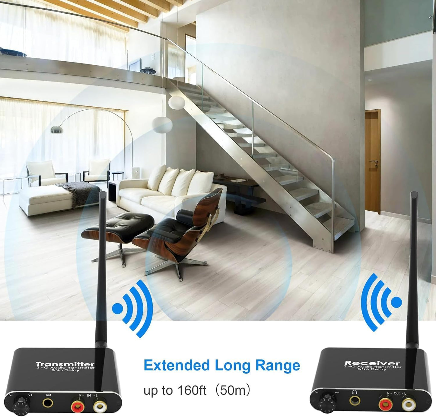 eppfun 50m/2.4G Wireless Audio Transmitter Receiver for 2 Subwoofer/Active Speaker/Power Amplifier/Home Stero, with 20ms Low Latency,192kHz/24bit HiFi, 165Feet/ RCA/3.5mm Audio (only Audio)