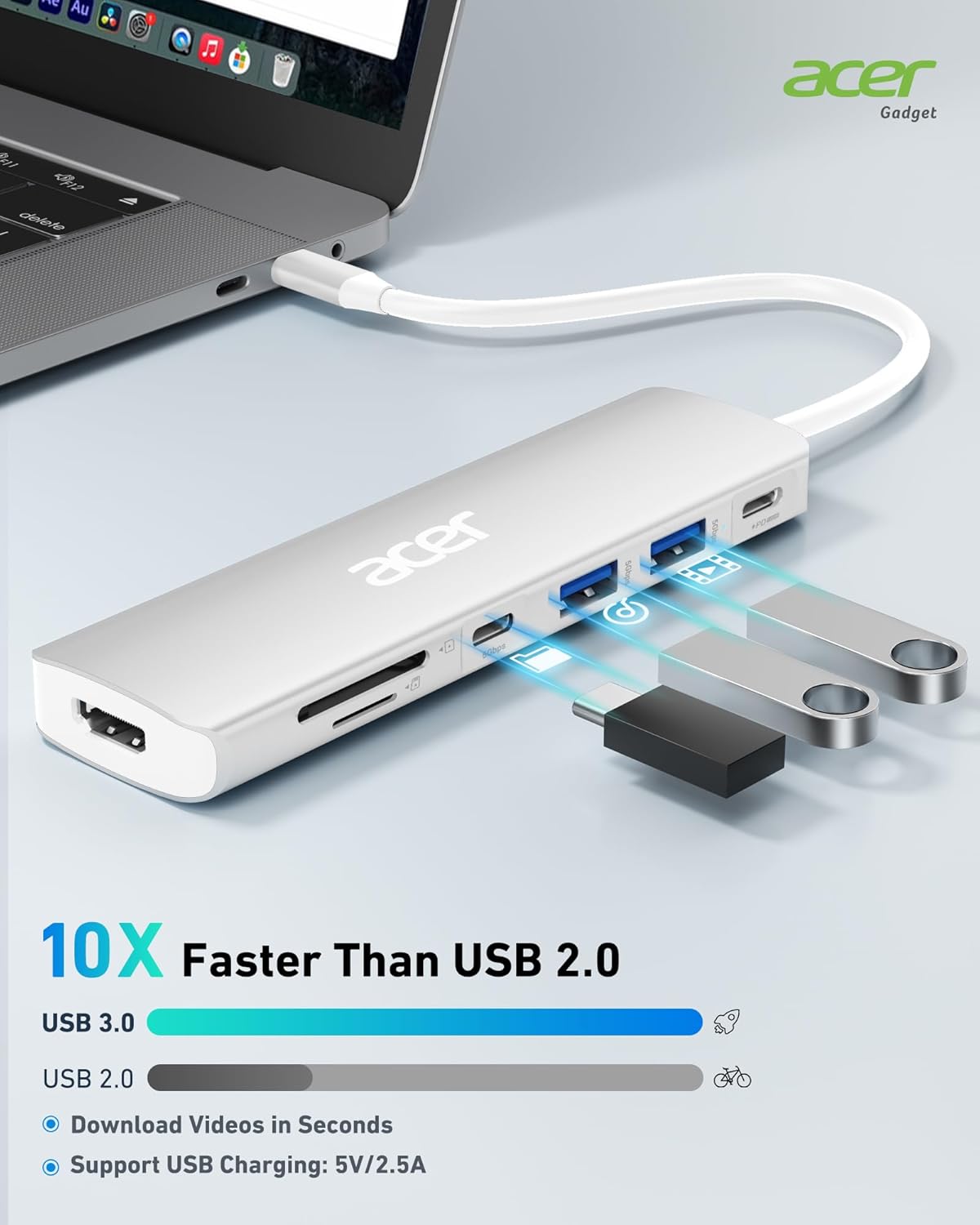 Acer USB C Dock, 7 in 1 USB C to HDMI Hub, 2 USB 3.1 GEN1 and 5Gbps Type-C Data Port, 4K HDMI Port, PD 100W Charging, SD Card Reader, for iPad Pro MacBook Pro Acer Laptops and More (Silver)