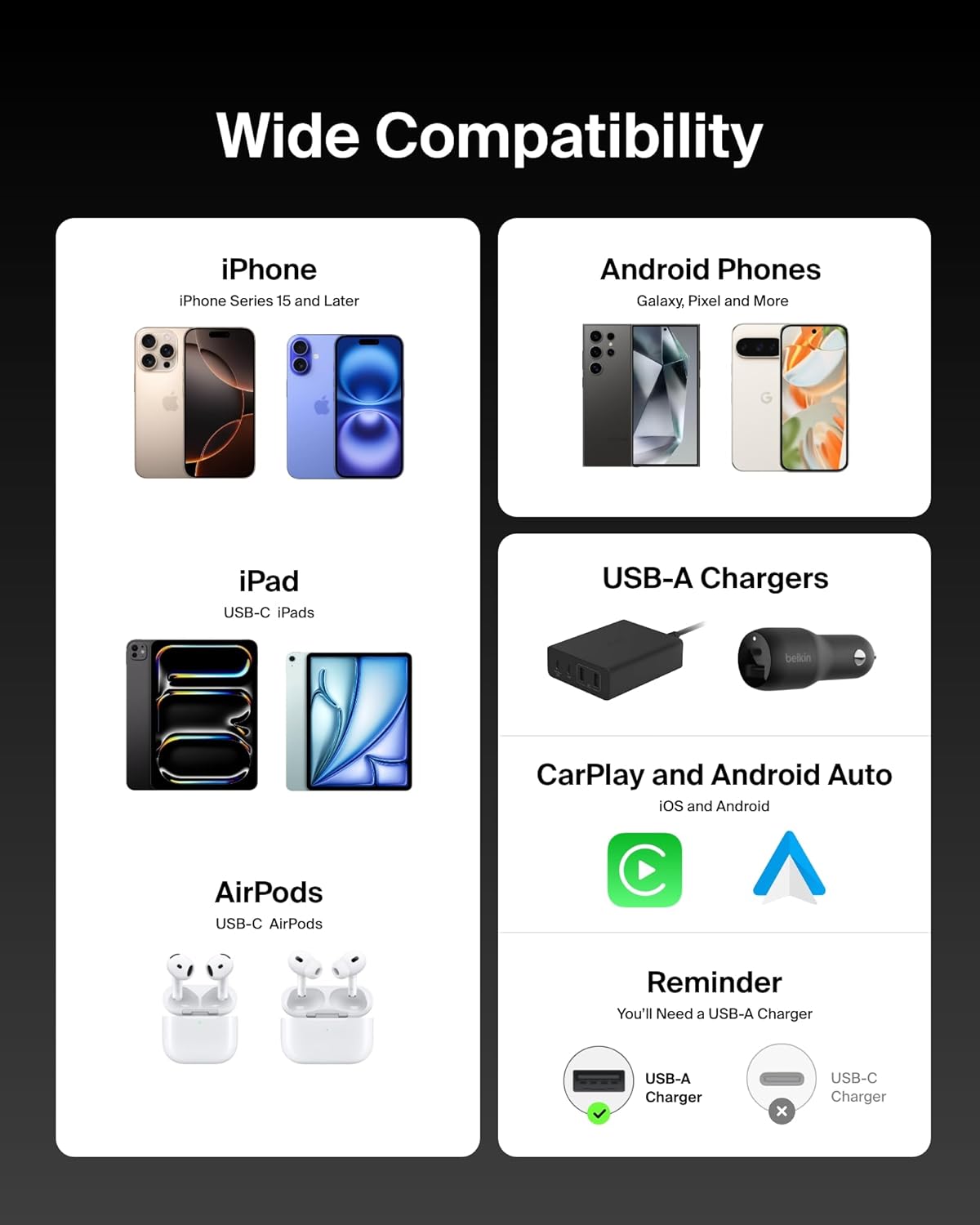 Belkin USB A to USB C Cable 2-Pack, 9.9ft, 15W - Type C Charger, iPhone Charger Cord, Soft, Braided, Flexible for iPhone 16 & 15, Galaxy S25, Pixel 9, iPad Pro, Airpods Pro, Switch & More - White