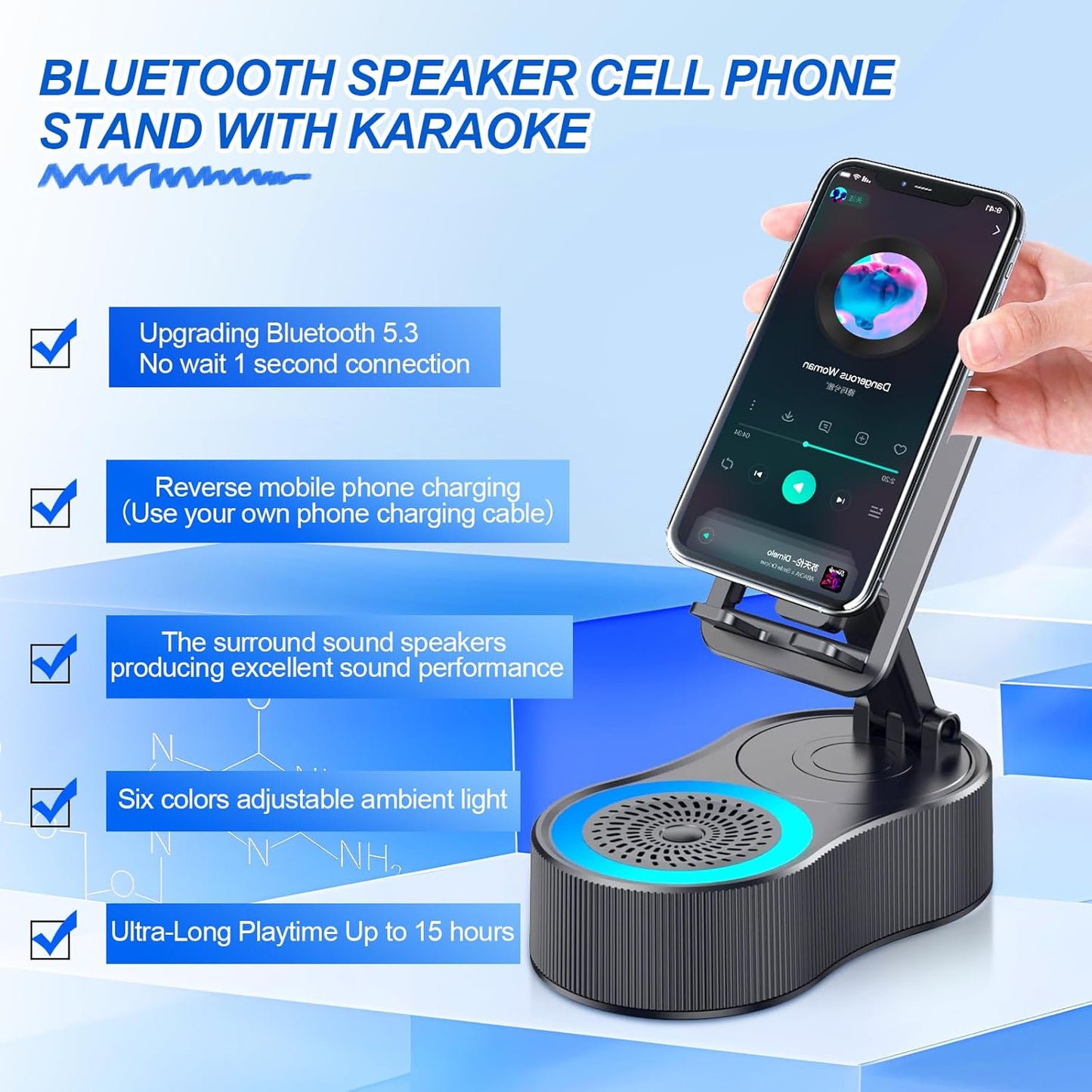 Gifts for Men Women,Cell Phone Stand with Wireless Bluetooth Speaker,Colorful Ambient Light 360° Foldable for Tablet iPhone Android 2 Wireless Microphones HD Surround Sound (Black)