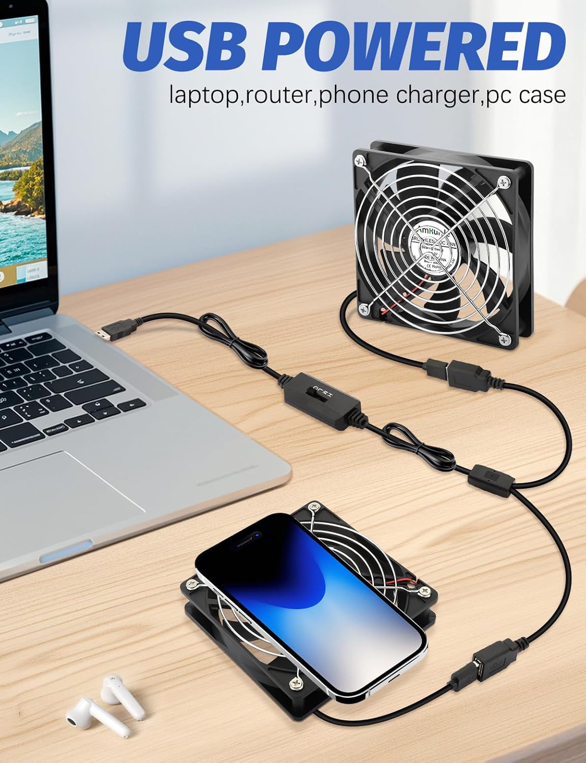 2 Packs AmRunJe 120mm x 25mm USB Cooling Fan 5V Brushless Dual Fan with Speed Controller for Computer Receiver DVR Xbox AV Cabinet Projector Router