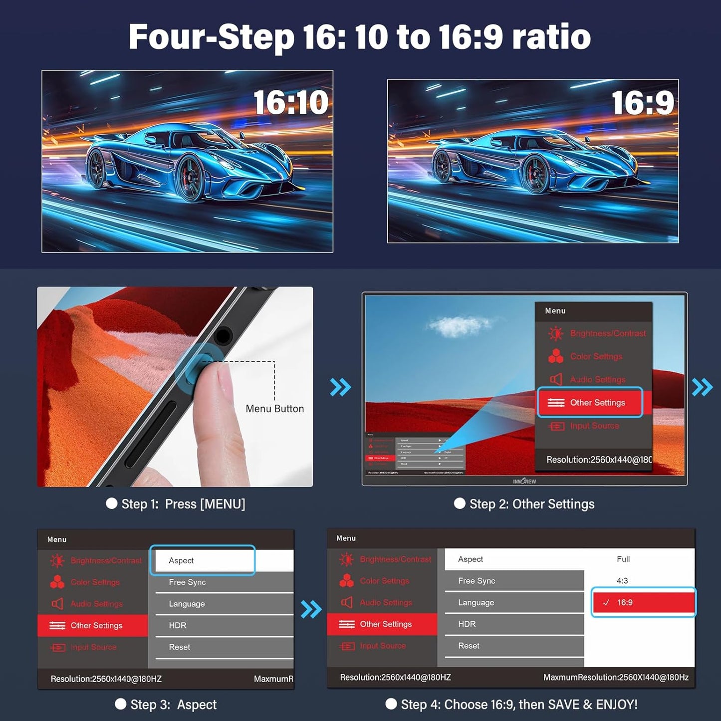 2K 180Hz Portable Gaming Monitor, 23.8" 2560x1440 QHD Fast IPS ∆E<2 100% sRGB Portable Monitor w/180° Adjustable Stand Type-C HDMI Eye Care External Second Screen for Laptop Phone PS4 PS5 Switch Xbox
