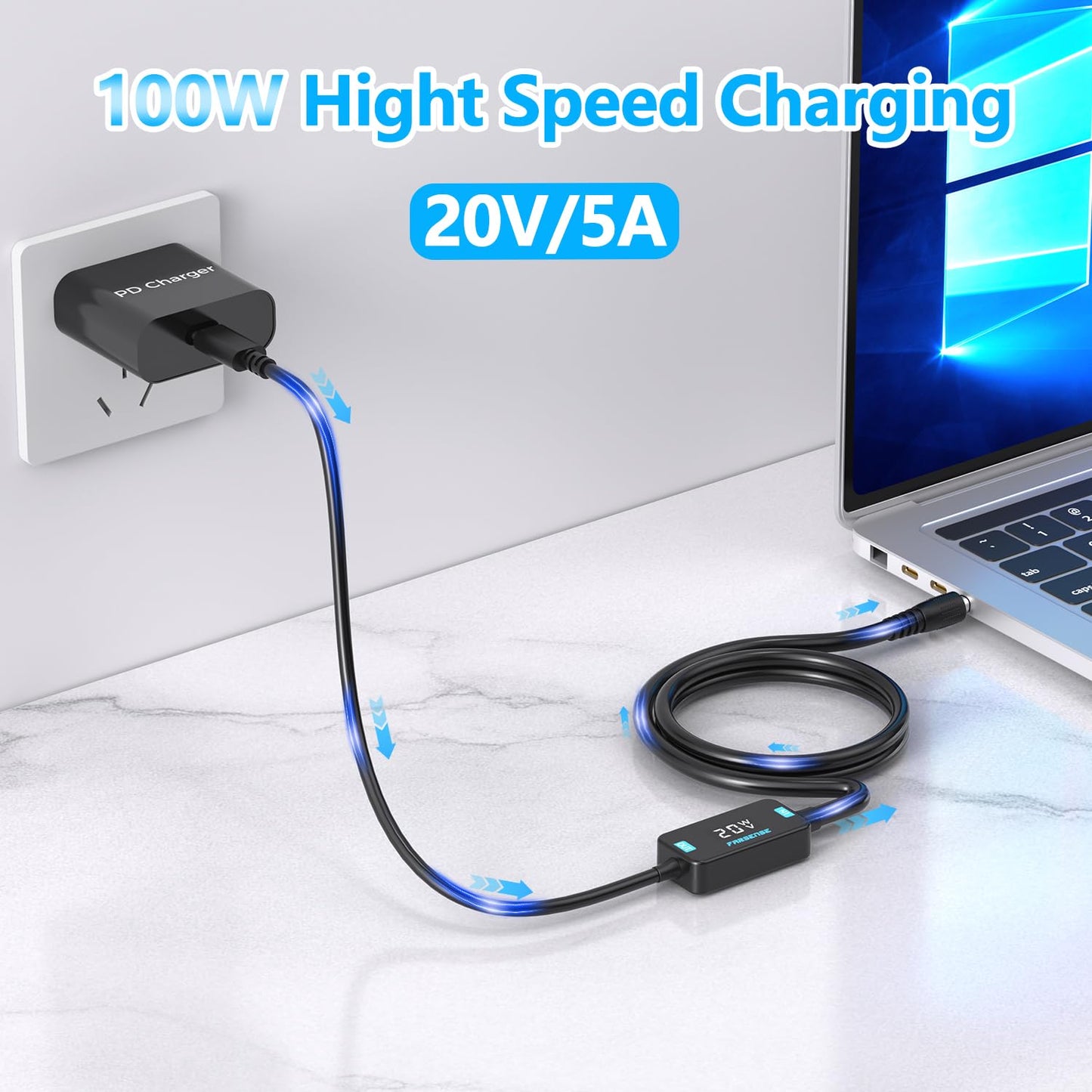 FARSENSE USB C to DC Adapter,Barrel PD Trigger Cable(3.3ft) with 10 Connector Tips,USB to DC Power Cable can Switch Voltage by Pressing The Key,Support LED Display Voltage