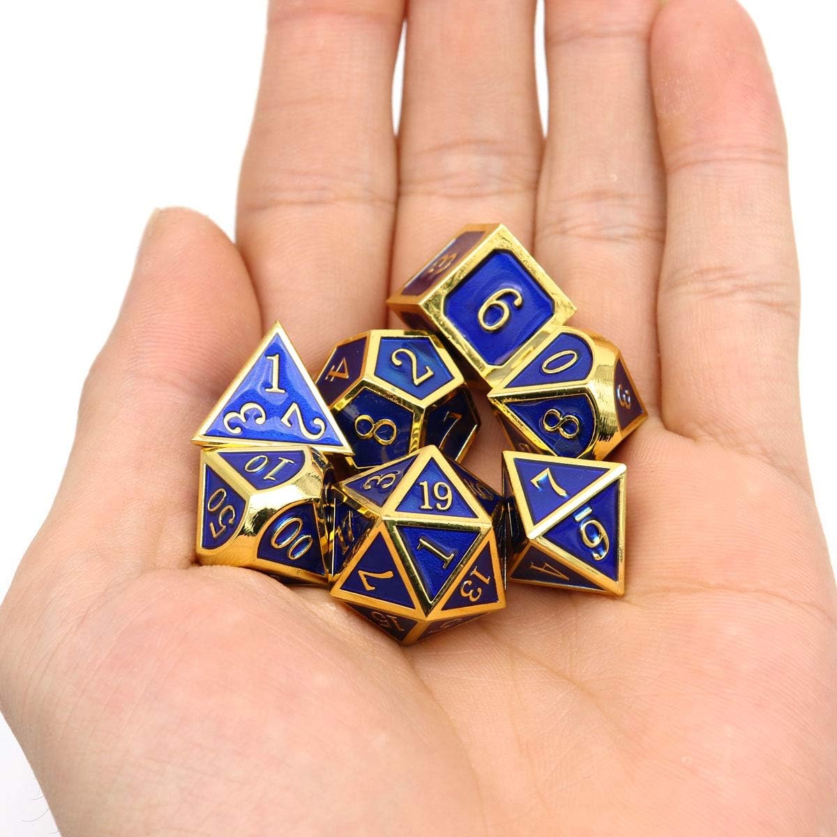 Haxtec Metal DND Dice Set 7 Die Gold Blue Metal D&D Dice Compatible with Dungeons and Dragons Games-Glossy Enamel Dice (Gold Blue)