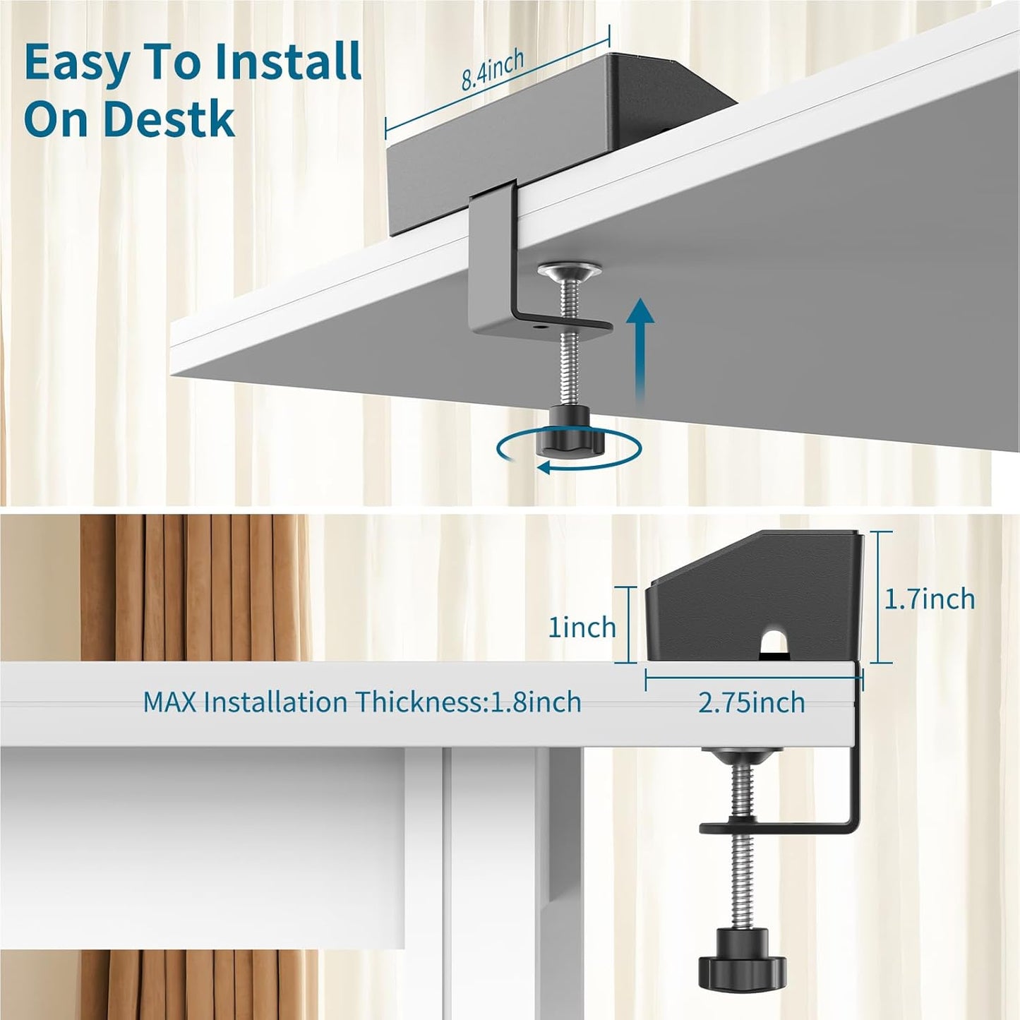 Desk Clamp Power Strip 2 USB C Desktop Mount Outlet Charging Station, 10FT Extension Cord Flat Plug with 6 AC, Removable 40W Fast Charging Surge Protector Power Strip Fits 1.8" Office Tabletop Edge