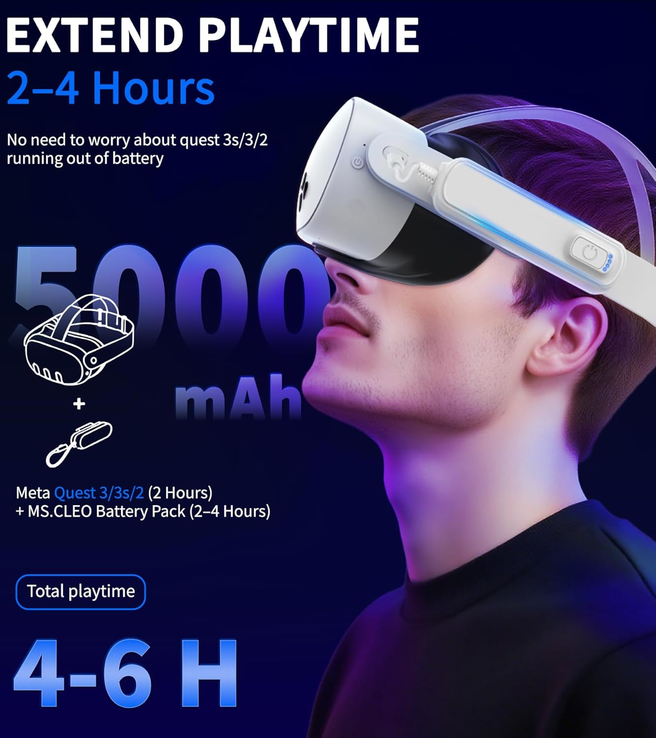 Battery Pack for Meta/Oculus Quest 3S/3/2,5000mAh Battery VR Charger, Extend 2-4 Hours Playtime, Lightweight Fast Charging VR Headset Safe Power Bank for Meta Quest 3S/3/2 Accessories