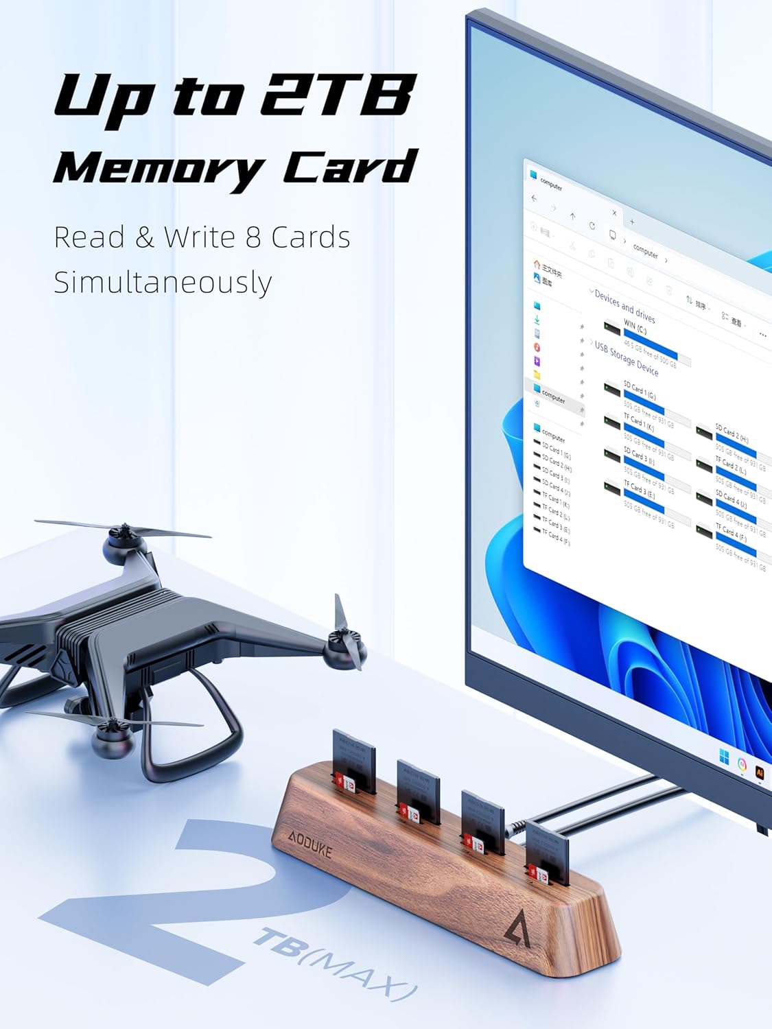 8-Port USB 3.0 SD Card Reader, Walnut Wood Design 5Gbps Data, Simultaneous Support to Micro SD/TF3.0 and SD3.0 Card Read and Write (Compatible UHS-I/II Card)-AST43M