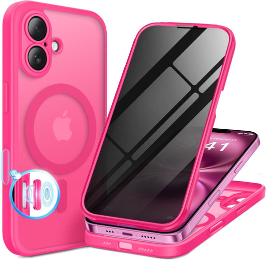 BERFY Magnetic for iPhone 16 Case, Compatible with MagSafe, Built-in Privacy Screen Protector and Upgraded Camera Protection, Anti-Spy Full Body Shockproof Phone Case for 16 6.1", Hot Pink