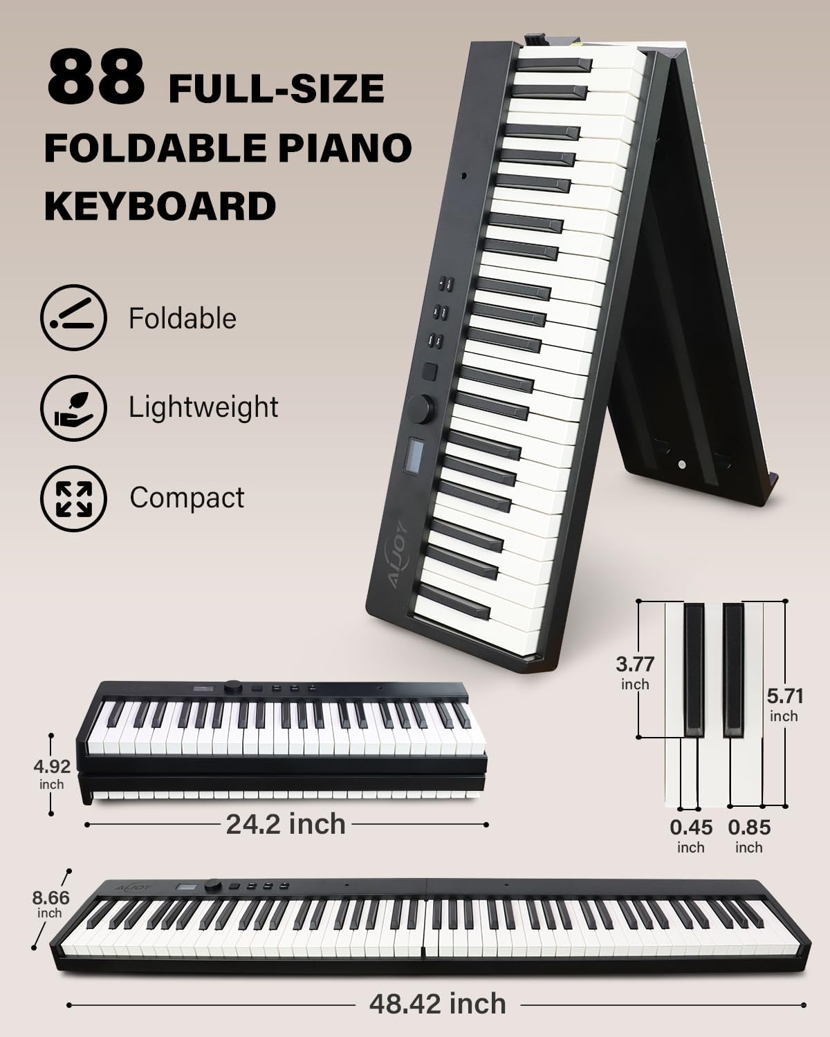 AiJoy 88-Key Piano Keyboard ASP-10F Electric Portable Folding Piano with Semi-Weighted Keyboard, Music Stand, Sustain Pedal, Handbag, USB MIDI Music Keyboard for Beginners, Black
