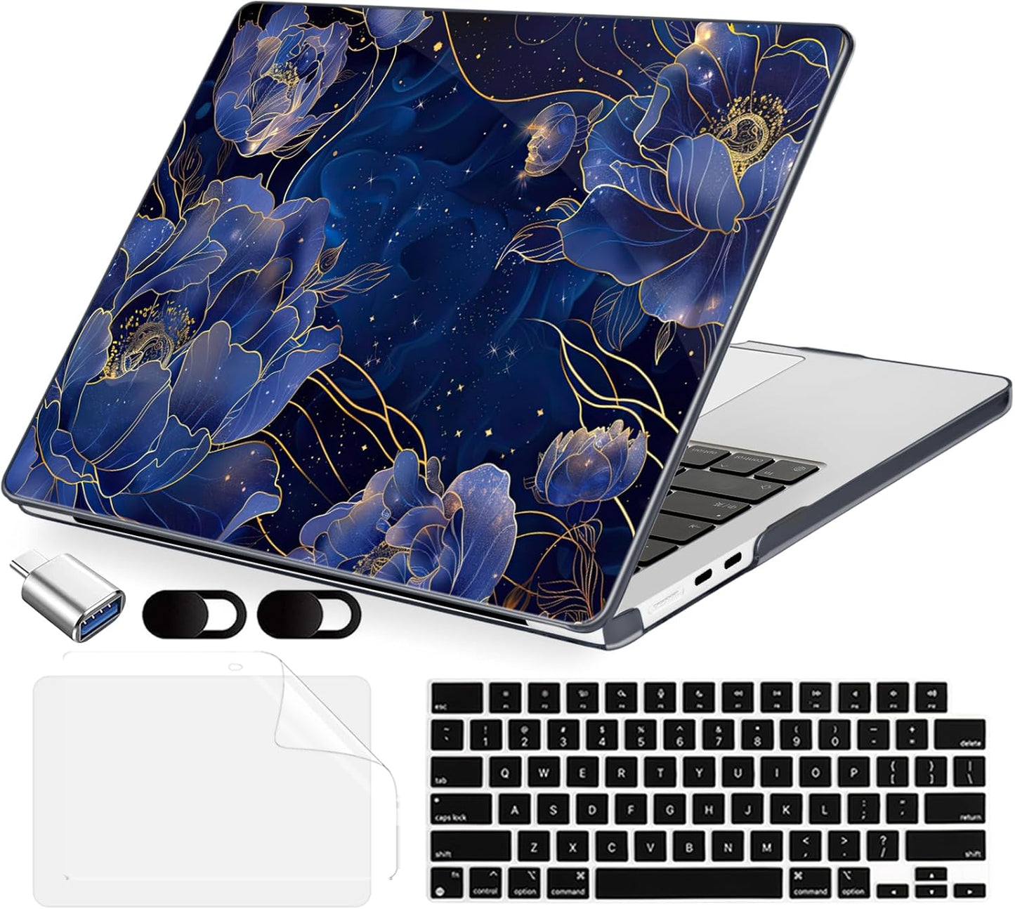 Compatible with MacBook Air 13.6 inch Case, M4 A3240/M3 A3113/M2 A2681 (Released 2025 to 2022), Hard Shell, Keyboard Cover, Screen Protector, Webcam Cover & Type-C Adapter, Starry Flower