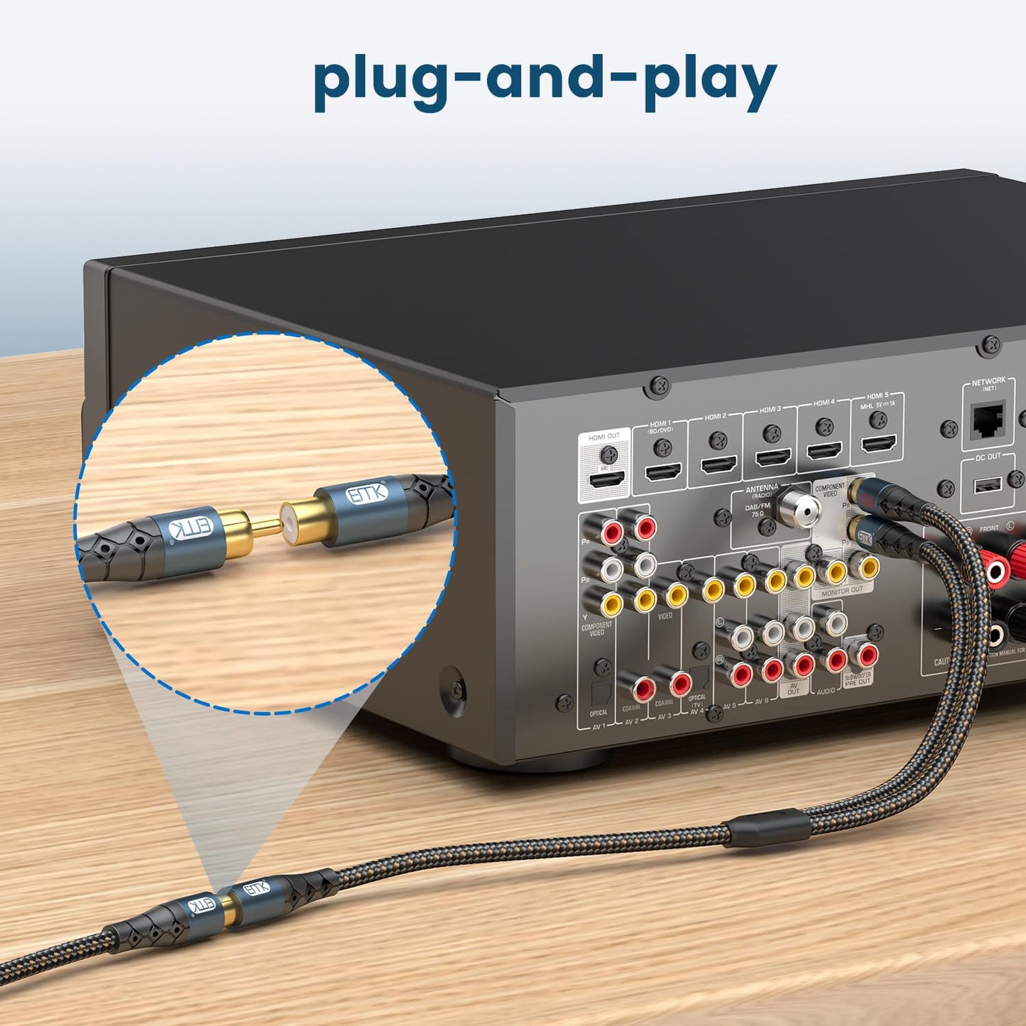 EMK RCA Splitter 2 Male to Female Extension Cable Dual Shielding Gold Plated Nylon Braided RCA Splitter 1 Female to 2 Male Cord Adapter 1ft/30CM