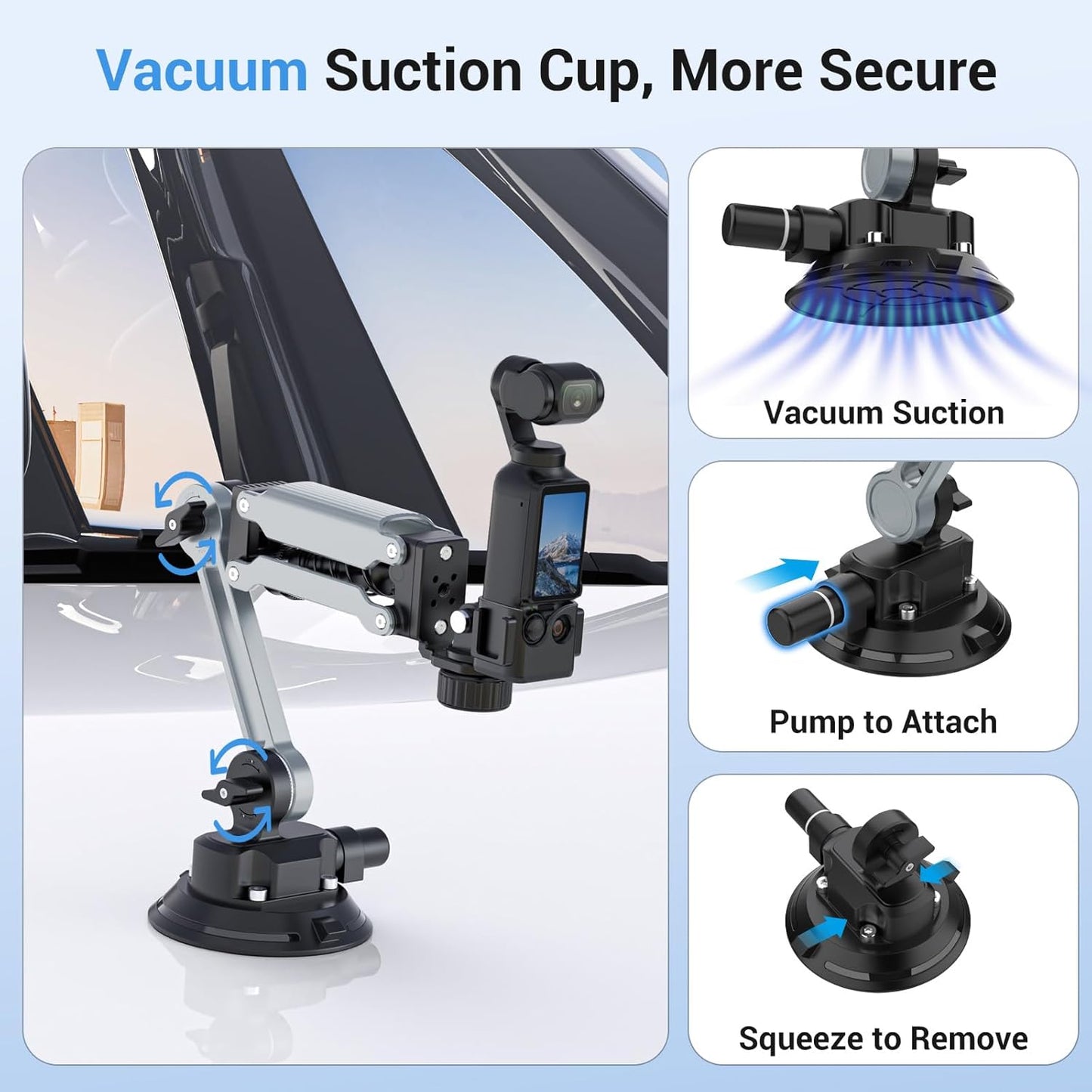 Geyo Camera Suction Cup Mount, Aluminum Alloy Multi-Function Shock Absorber Arm Stabilizer, 4" Vacuum Suction Cup, 1/4" Mounting Holes Car Mount for Insta 360 X4, for DJI Pocket 3, for GoPro, Silver