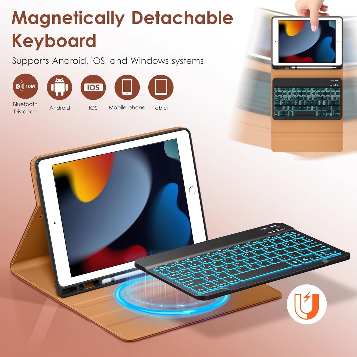 DTTO for iPad 9th/8th/7th Generation 10.2" Case 2021/2020/2019 with Keyboard, 7 Colors Backlit Wireless Detachable Keyboard Premium Leather Folio Cover with Pencil Holder & Pocket, Brown