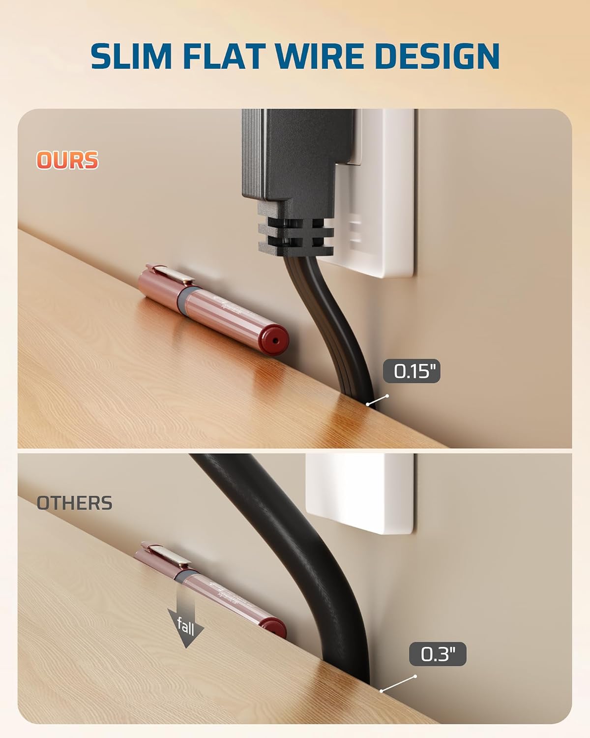 DEWENWILS 6FT Flat Plug Extension Cord with 3-Prong Flat Plug, 15A/1875W 14/3 SPT-3 Flat Wire, Space Saving for Home Office Appliances & Electronics, ETL Listed, 2 Pack, Black