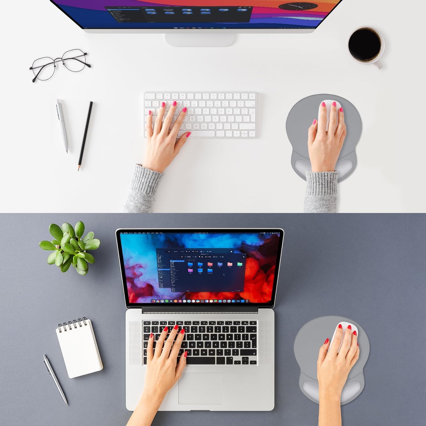 ITNRSIIET Ergonomic Mouse Pad with Comfort Gel Wrist Rest, Non-Slip PU Base, Smooth Textured Surface, Reduces Hand Fatigue & Wrist Pain, 8.7 x 7.2 Inch for Office Gaming Home, Light Gray Accent