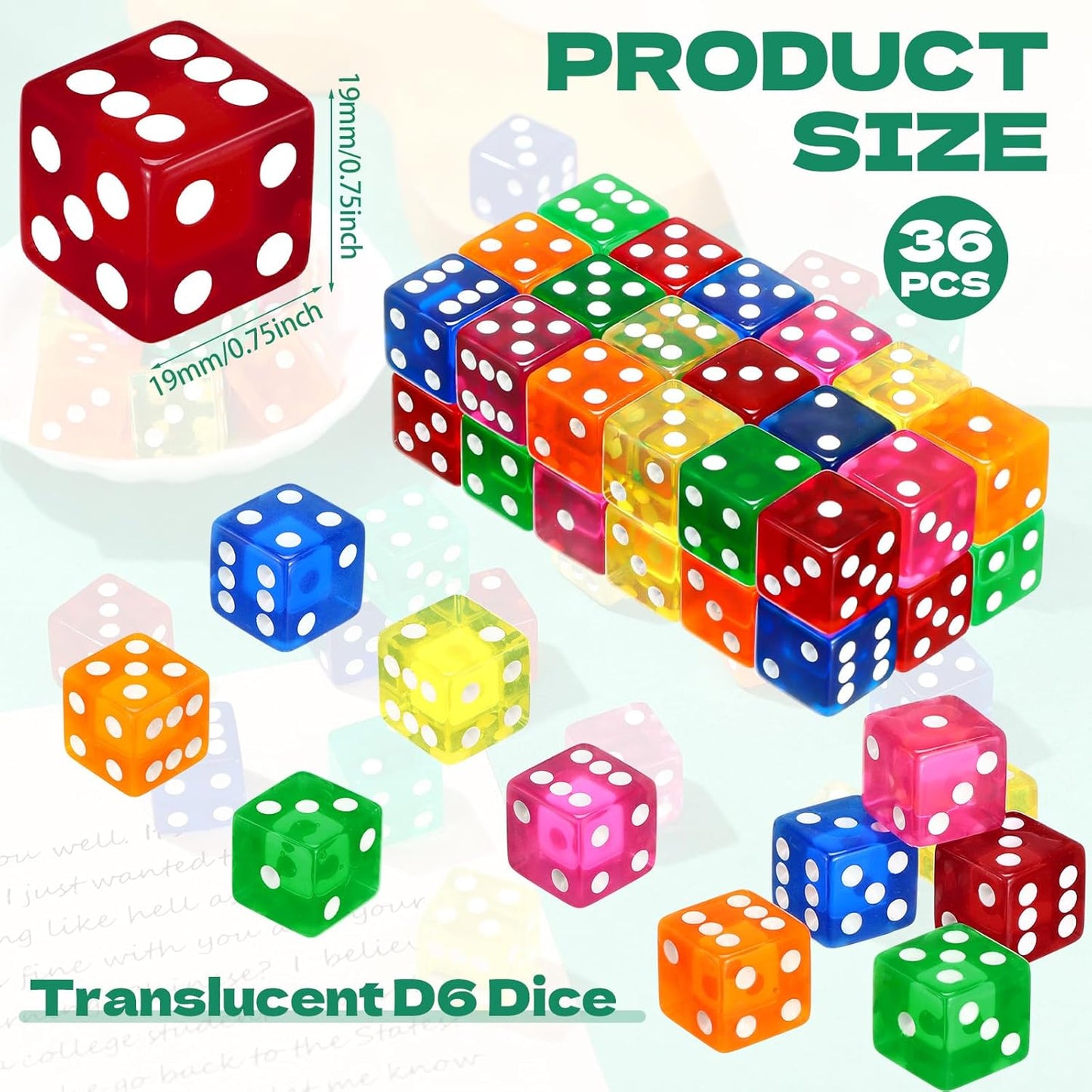 36 Piece 19 mm Casino Style Craps Dice Sets Acrylic and Translucent D6 Dice, Square W/Rounded Edge for Casino, Craps, Table Games and Board Games(Fresh Color)