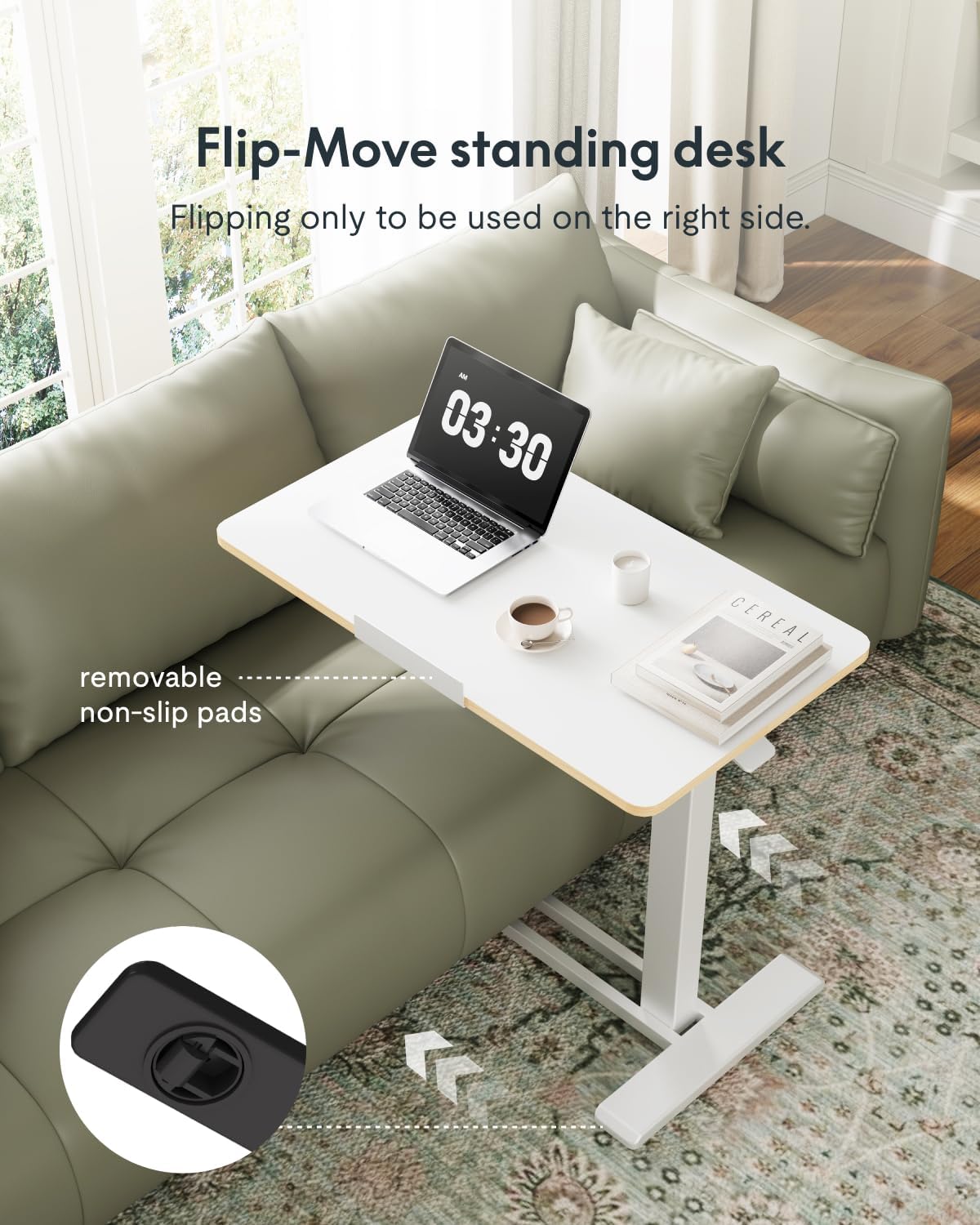 FLEXISPOT H7 PRO Mobile Standing Desk Adjustable Overbed Table Pneumatic with Wheels 90°Tiltable Portable Laptop Desk Rolling Computer Cart Foldable Bedside Table(31.5" W x 17.7" D, White)