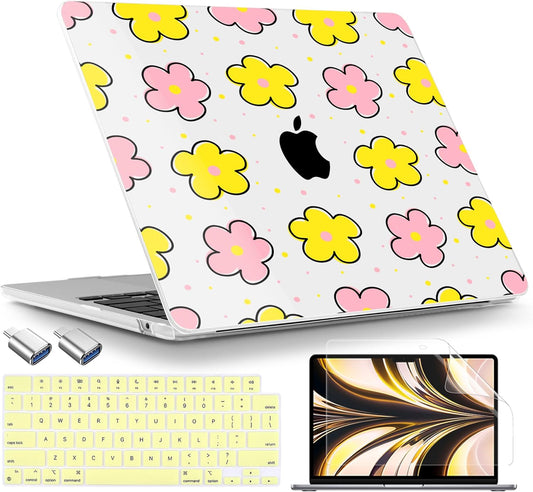 TWOLSKOO Compatible with M4 MacBook Air 13.6 inch Case 2025-2022 Release M4 A3240 M3 A3113 M2 A2681, Plastic Hard Shell & Keyboard Cover & Type C Adapter & Screen Protector, Cute Flowers