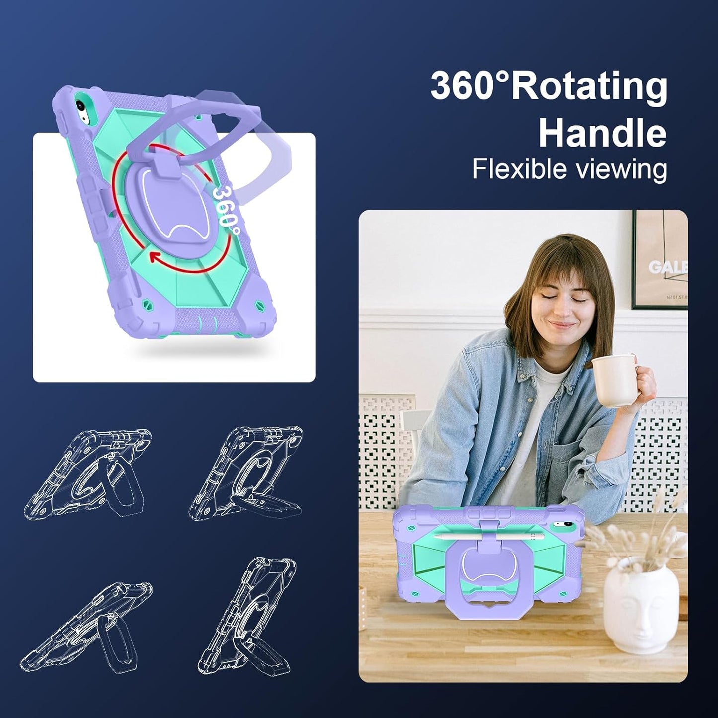 Case for iPad (A16) 11th Generation 11 Inch (2025) / iPad 10th Generation Case 10.9 Inch (2022) with 360° Rotating Stand Screen Protector Pen Holder Shoulder Strap, Purple Mint