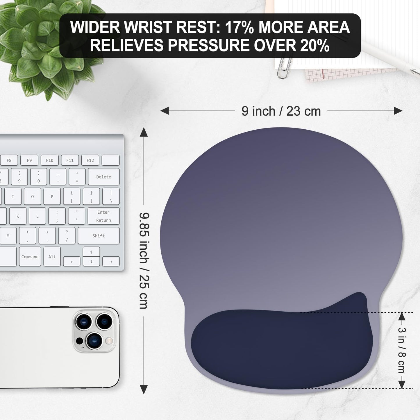 ITNRSIIET Ergonomic Mouse Pad with Wider Memory Foam Wrist Rest +17% - Curved Cushion Reduces Pressure 20%, Pain Relief, Non-Slip, Smooth, Cute Colors, 9.85 x 9 in, Gray Blue Gradient