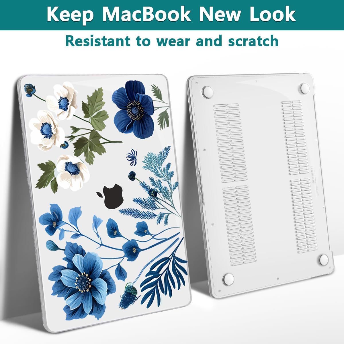 Teryeefi Compatible with M2 M1 MacBook Pro 13 Inch Case A2338 A2289 A2251 A2159 A1989 A1706 A1708 (2024 20203 2022-2016), Hard Shell Case & Keyboard Cover for Mac Pro 13" - Blue Plant Flower