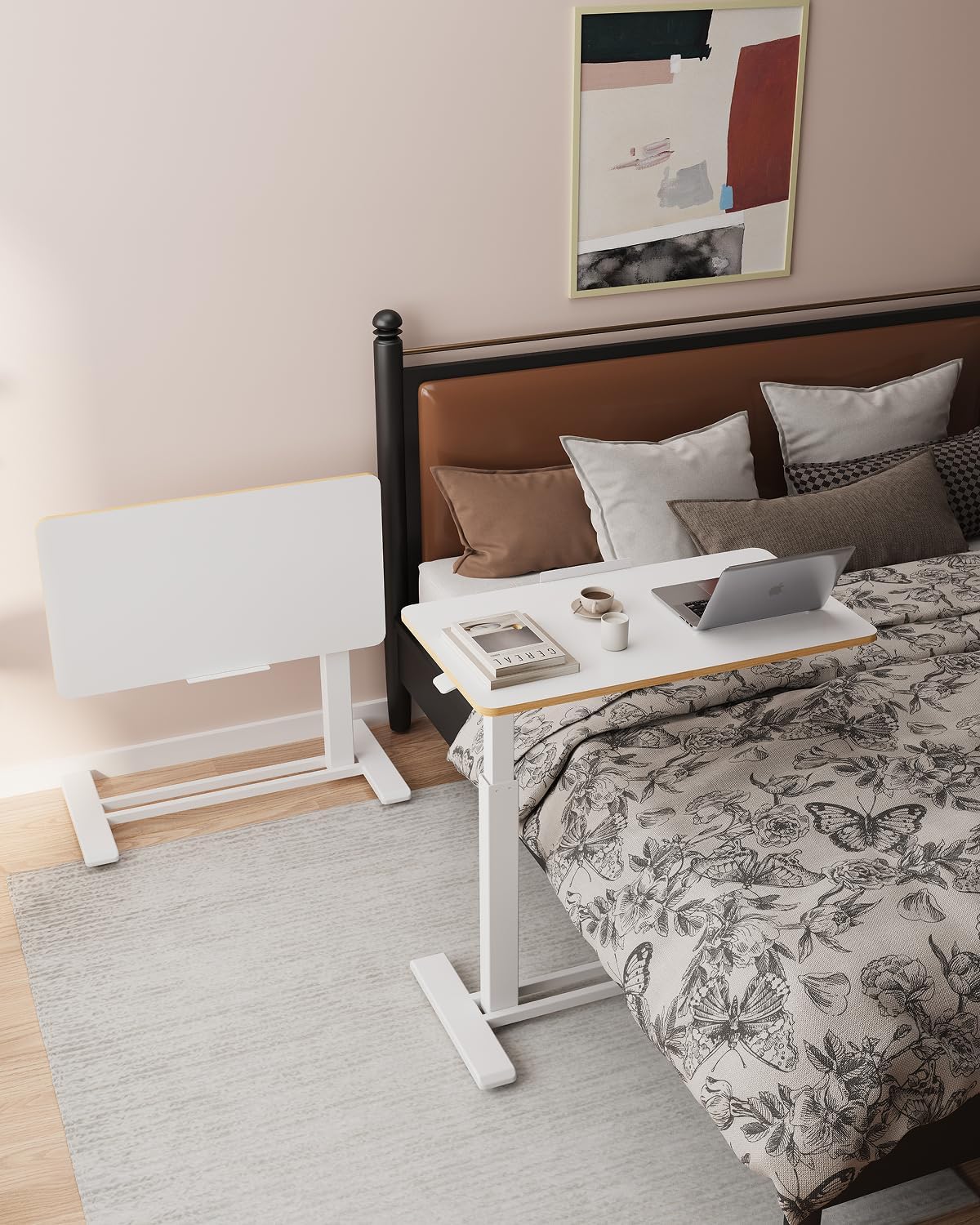 FLEXISPOT H7 PRO Mobile Standing Desk Adjustable Overbed Table Pneumatic with Wheels 90°Tiltable Portable Laptop Desk Rolling Computer Cart Foldable Bedside Table(31.5" W x 17.7" D, White)
