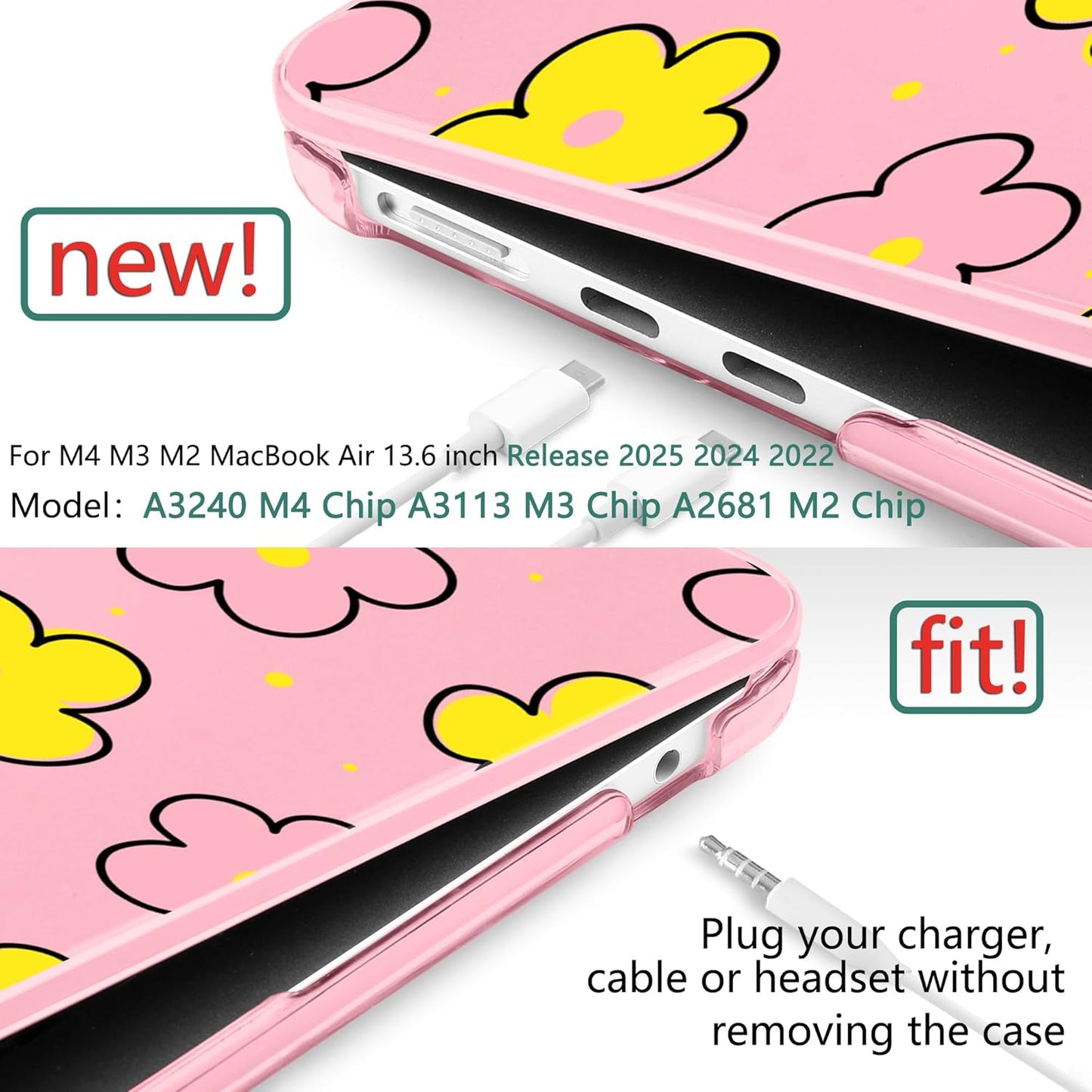 TWOLSKOO Compatible with M4 MacBook Air 13.6 inch Case 2025-2022 Release M4 A3240 M3 A3113 M2 A2681, Plastic Hard Shell & Keyboard Cover & Type C Adapter & Screen Protector, Cute Pink Flowers