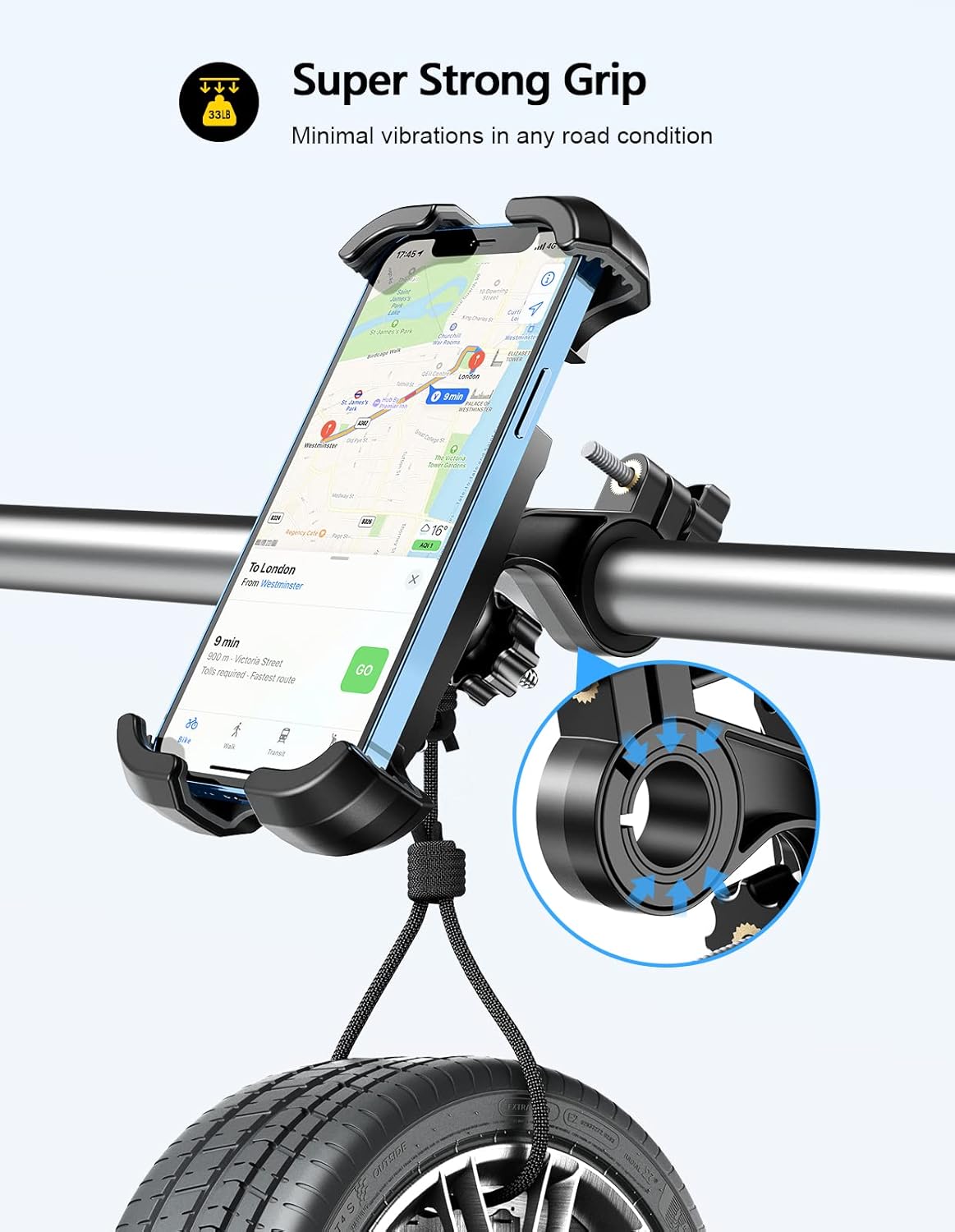 Motorcycle Phone Mount, Upgrade [Never Fall Off] [0 Shake] Bike Phone Mount, [3s Put & Take] 360° Rotatable Phone Holder for Motorcycle Bike Bicycle Scooter Compatible with Cellphones 4.7-6.8”