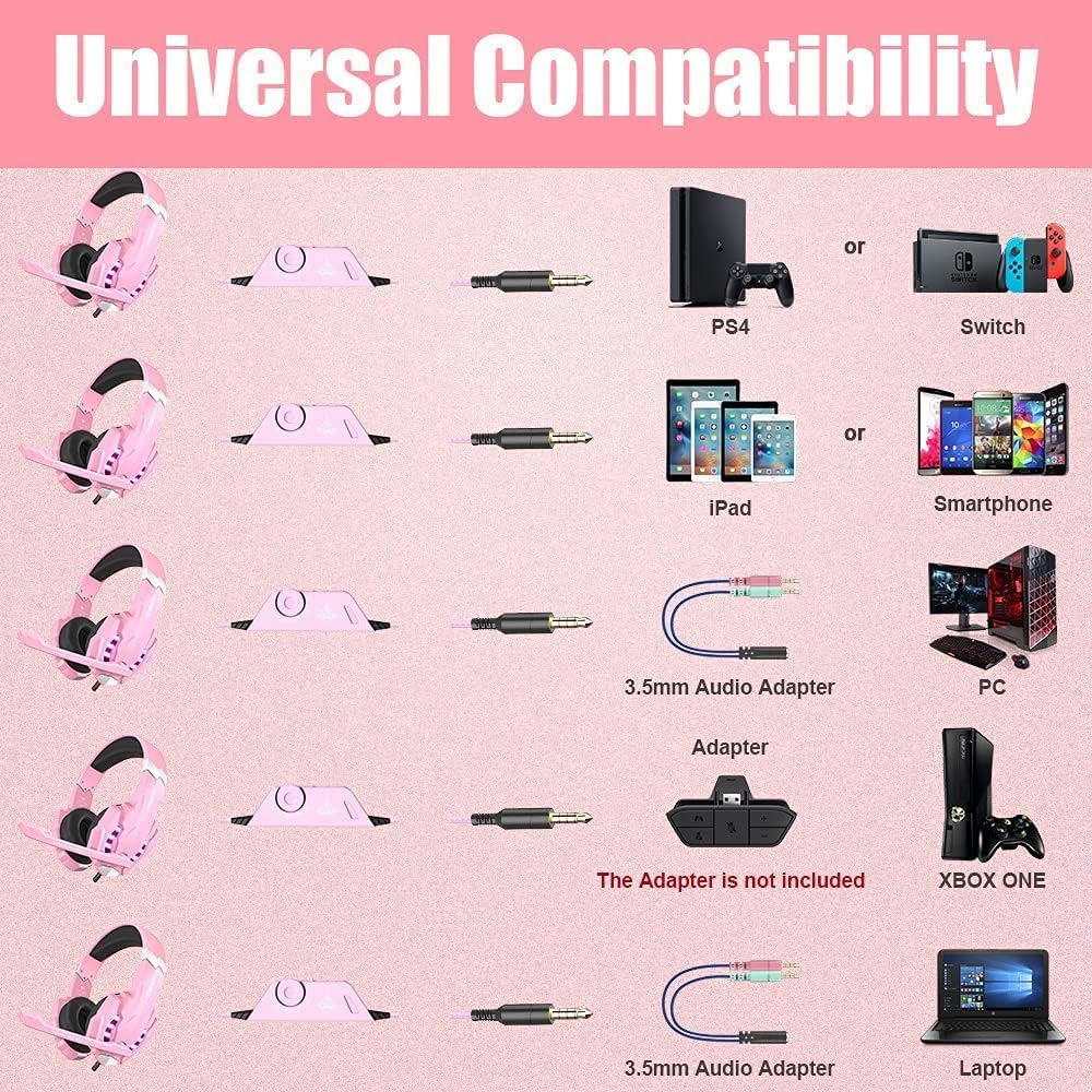 BENGOO G9000 Professional Gaming Headset for PS4, PC, Xbox One Controller, Noise Cancelling Over Ear Headphones with Mic, LED Light, Bass Surround, Soft Memory Earmuffs for Laptop Nintendo - Pink