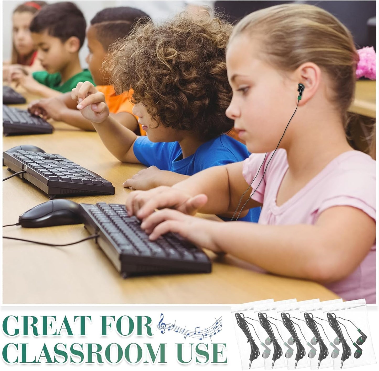 Kanayu 100 Pack Wired Earbuds Bulk for Classroom Ear Headphones Wired Basic Student Earbuds No Microphone with 3.5mm Jack for Kids Class Laptop School Library, Individually Bagged(Green)