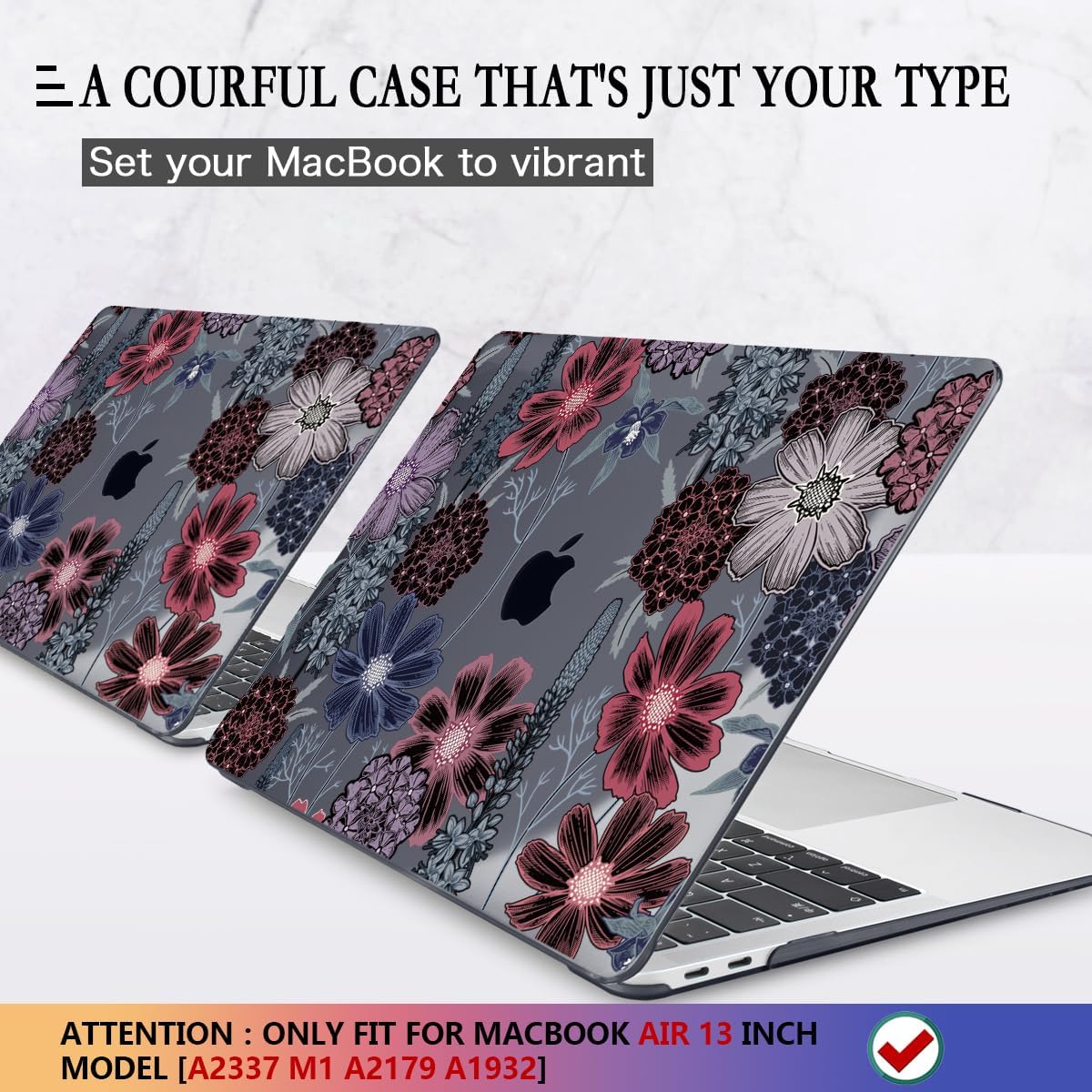 CISSOOK Case for MacBook Air 13 inch M1 Chip A2337 A2179 A1932 2021-2018 Release, Protective Black Shell with Keyboard Skin + Screen Protector for MacBook Air 13-inch with Touch ID, Texture Flowers
