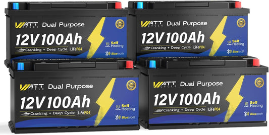 12V 100Ah Bluetooth LiFePO4 Battery, [Cranking &Deep Cycle] Lithium Battery with Self-Heating, Built-in 200A BMS, Perfect for Trolling Motor, RV, Marine, Boat(4 Pack)