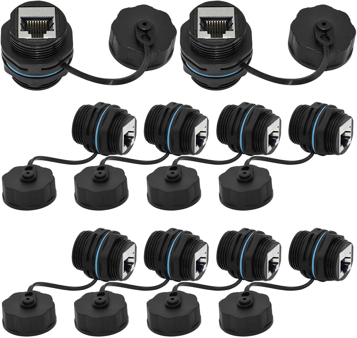 10PCS Panel Mounting Shielded CAT6 RJ45 Waterproof Connector Cat5/5e/6 8P8C Ethernet LAN Cable Coupler Double Head Adapter with Waterproof/Dust Cap
