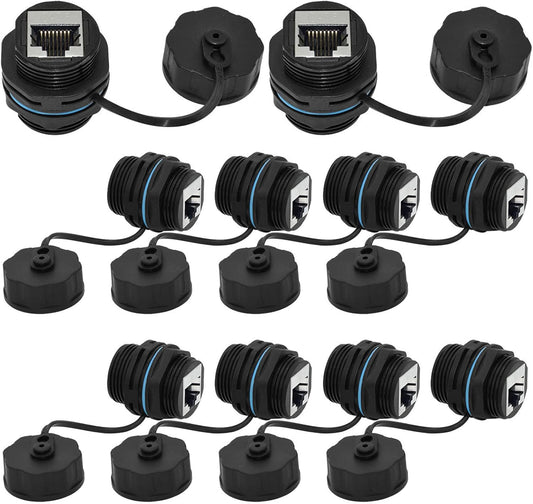 10PCS Panel Mounting Shielded CAT6 RJ45 Waterproof Connector Cat5/5e/6 8P8C Ethernet LAN Cable Coupler Double Head Adapter with Waterproof/Dust Cap