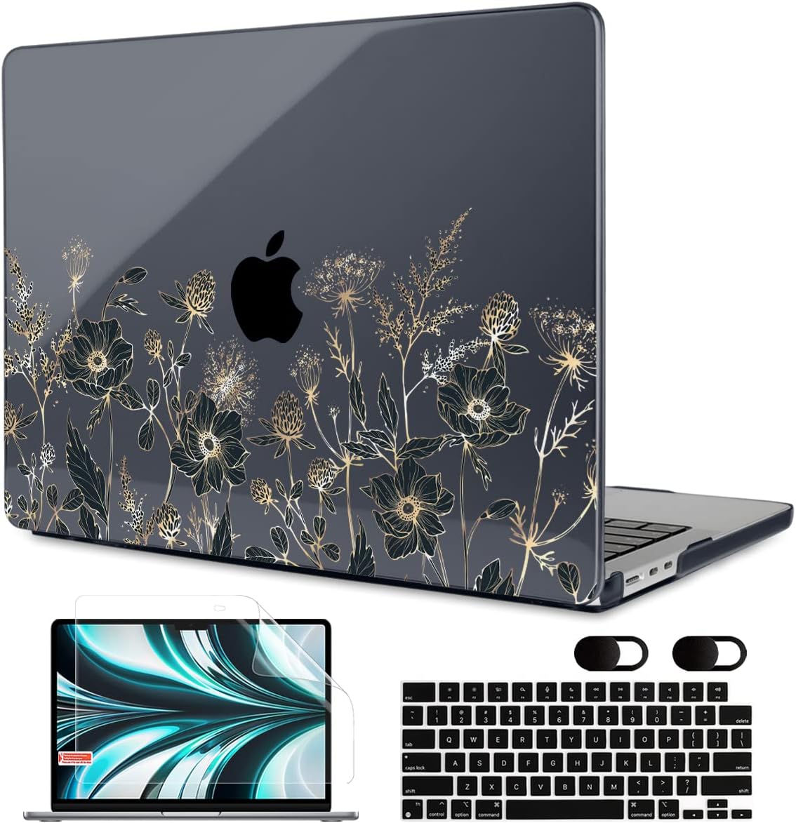 MEEgoodo Case for M4/M3/M2 MacBook Air 13.6 inch Case 2025 2024 2022, Fit Model A3240/A3113/A2681, Laptop Hard Shell with Keyboard Cover Compatible with MacBook Air 13 inch, Golden Flowers & Herbs