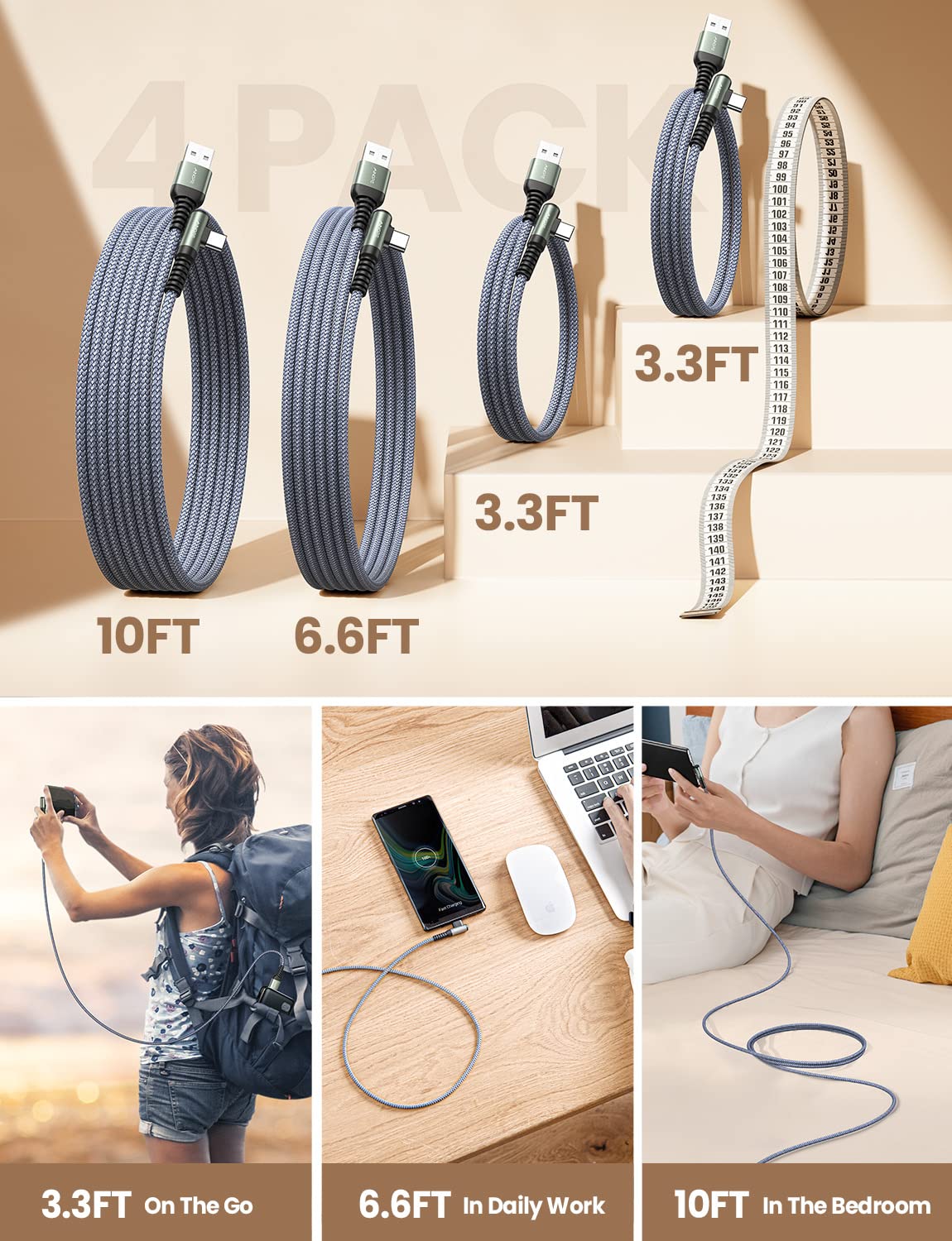 AINOPE USB C Cable 4-Pack [10/6.6/3.3/3.3FT] 3.2A 90 Degree USB C Cable Packs, Nylon Braided Angled USB C Cable Fit for Galaxy S10 S9 S8 Plus S21, Note 10 9 8, LG, Galaxy S21 Charger Fast Charging