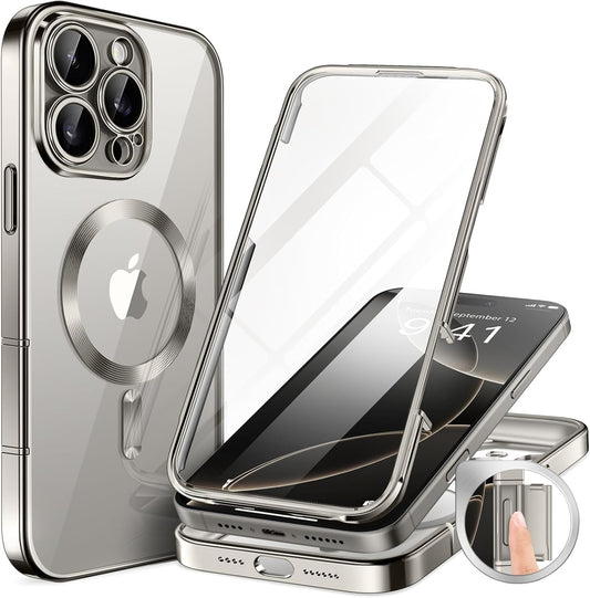 BERFY Magnetic for iPhone 16 Pro Case, Compatible with Magsafe, Built-in 9H Tempered Glass Screen Protector & Upgraded Camera Protection, Full-Body Plating Shockproof Phone Case for 16 Pro 6.3", Grey