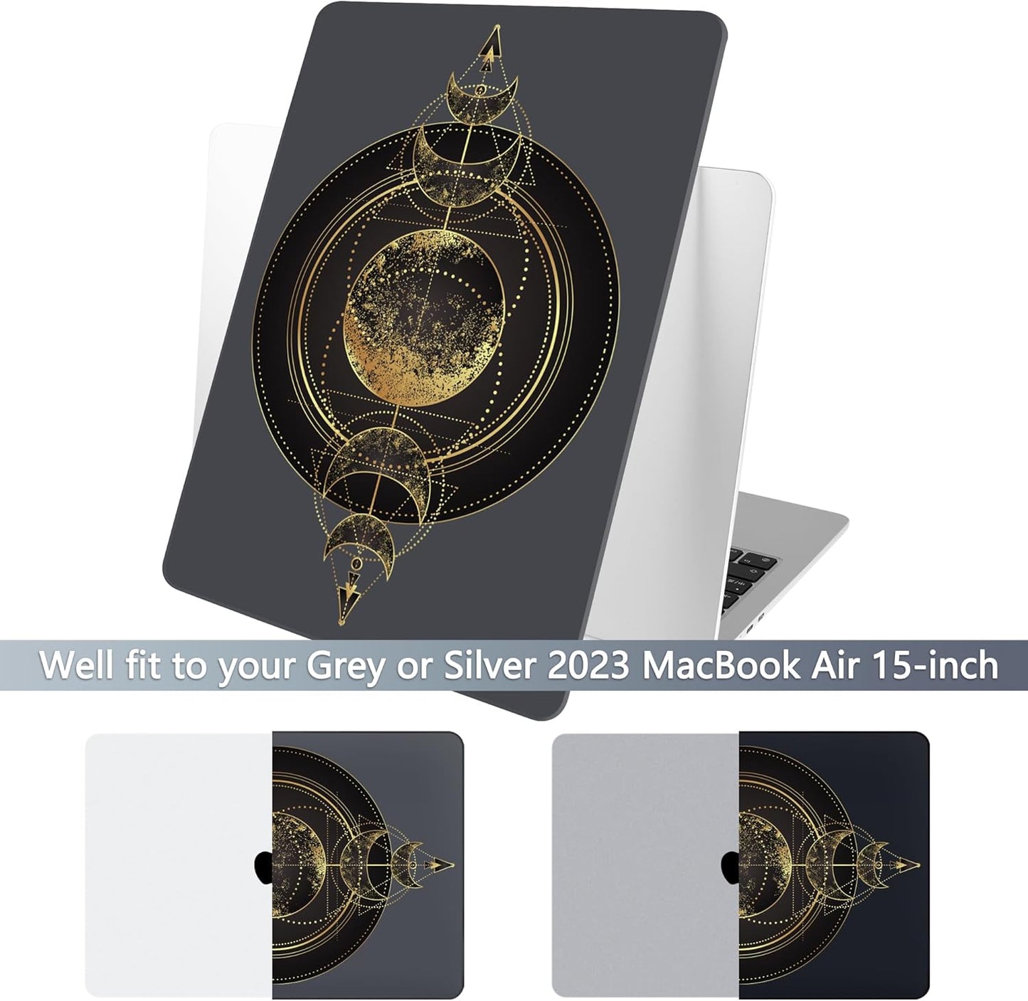 Batianda Premium Case for New MacBook Air 15 inch 2025 M4 2024 2023 with M3 M2 Chip Model A3114, Designed Black Protective Plastic Hardshell & Keyboard Cover & Screen Protector, Moon Magic