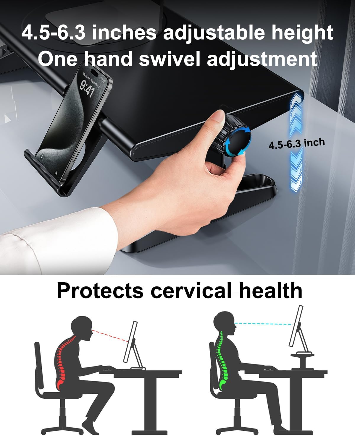 Computer Monitor Stand Riser for Desk with Usb Hub Charging,30W/5Gbps Usb C Docking Station with Power,4.5-6.3''Freely Height Adjustable with Phone Holder,Monitor Stands Riser for PC,Laptop,Printer,TV