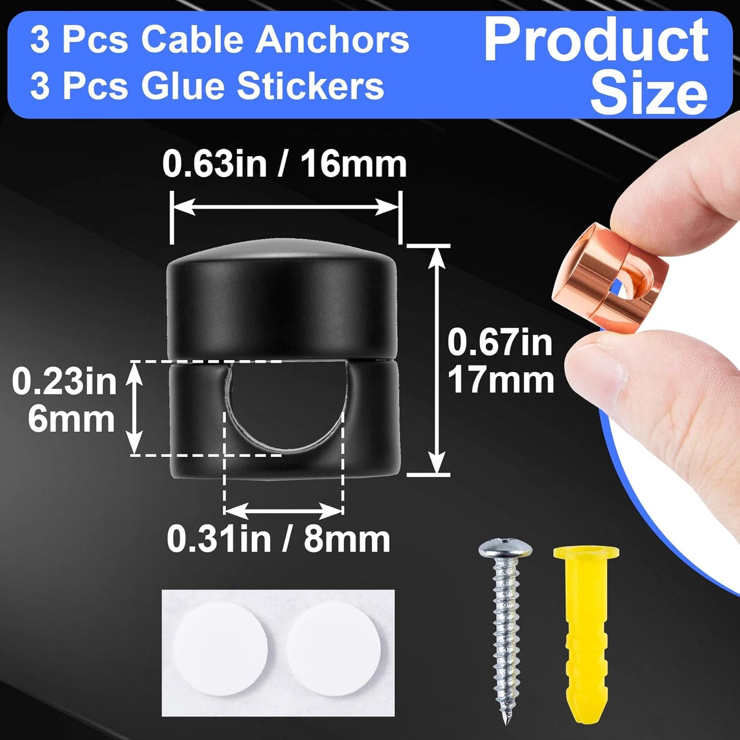 3 Sets Charger Holders for Cords, Adjustable Cable Anchor Holders, Adhesive Metal Cord Clips, Cable Management Wire Organizers for Desk, Office, Nightstand - Matte Black, White, Rose Gold