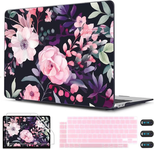 CISSOOK Compatible with MacBook Air 13 inch Case M1 2021 2020-2018 Release Model A2337 A2179 A1932, Flower Plastic Hard Shell Case Black Cover for MacBook Air 13 inch with Touch ID- Pink Flowers