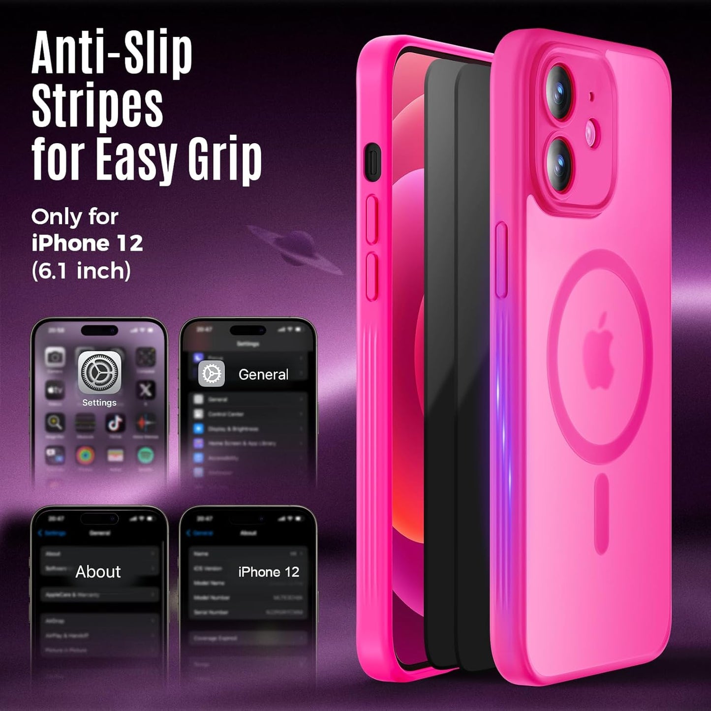 Designed for iPhone 12 Case, Compatible with MagSafe, with Privacy Screen Protectors X2, [Camera Protection] [15FT Military Drop Protection] Shockproof Phone Case, 6.1", Hot Pink