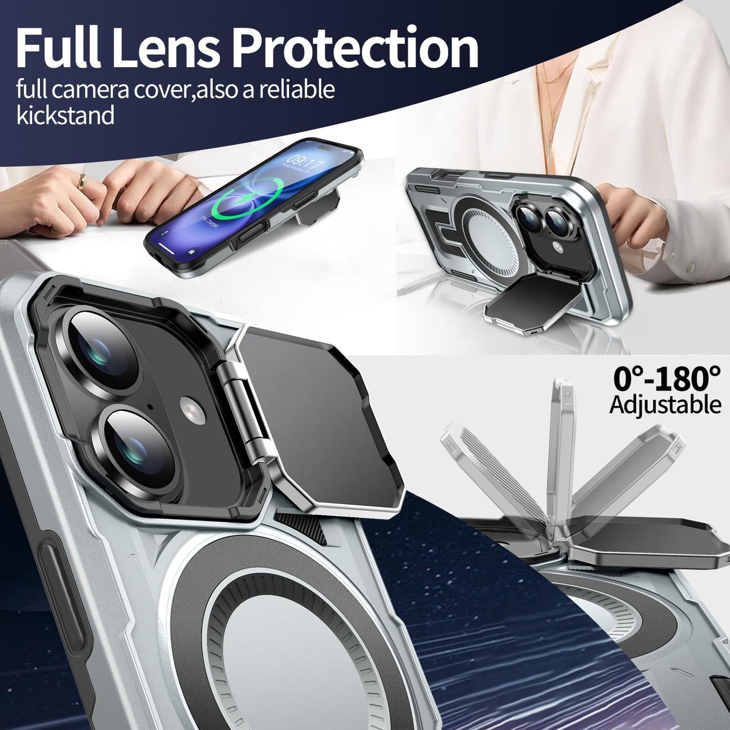 Camera Stand Case for iPhone 16 Plus, [Compatible with Mag Safe] [Lens Cover] 2024 Version Military Grade Protective Soft Case for iPhone 16 Plus 6.7 inch Men Women,Grey