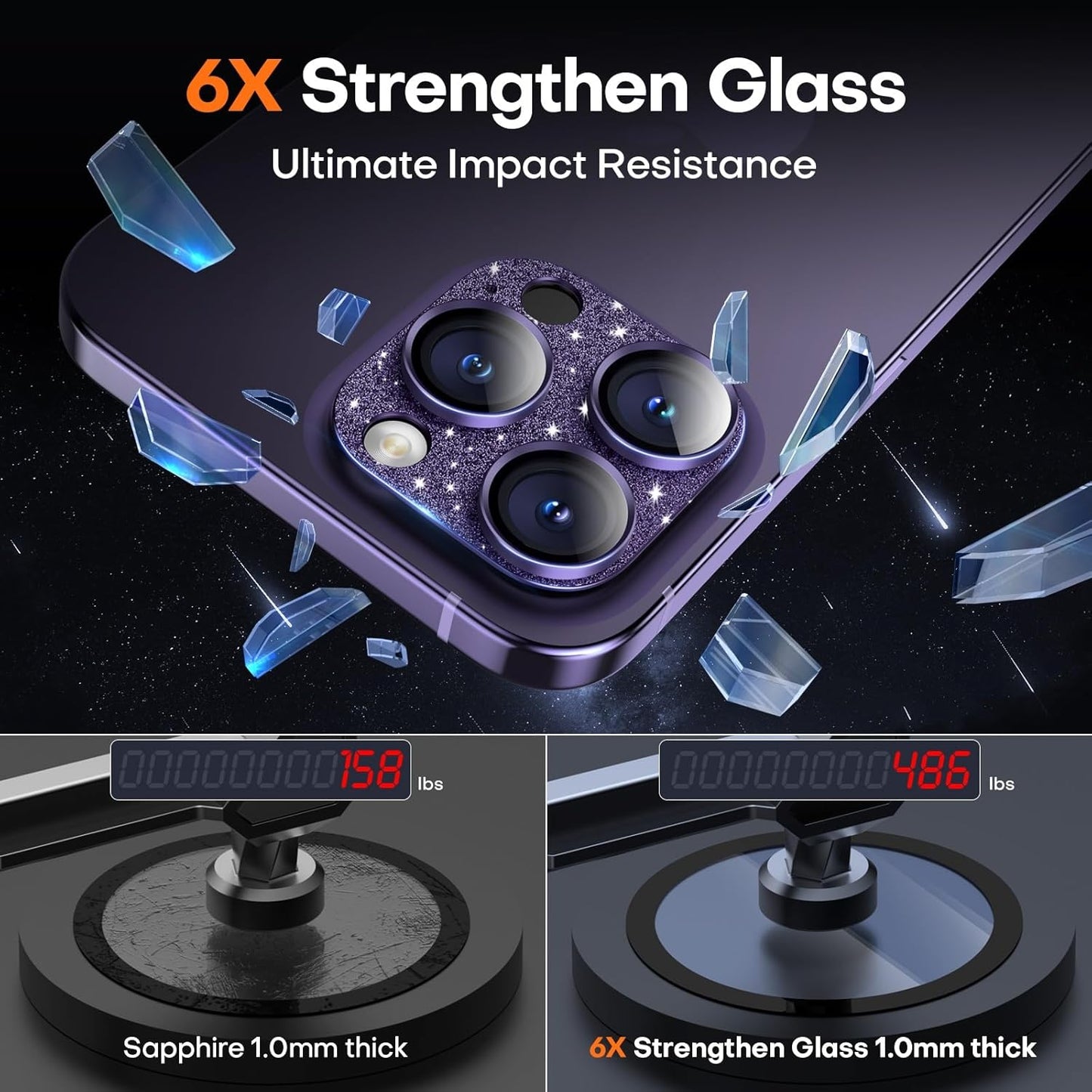 Camera Lens Protector for iPhone 16 Pro Max/16 Pro/15 Pro Max/15 Pro/14 Pro Max/14 Pro, Aluminum Alloy Sapphire Glass Camera Screen Cover, Case Friendly- Glitter Purple