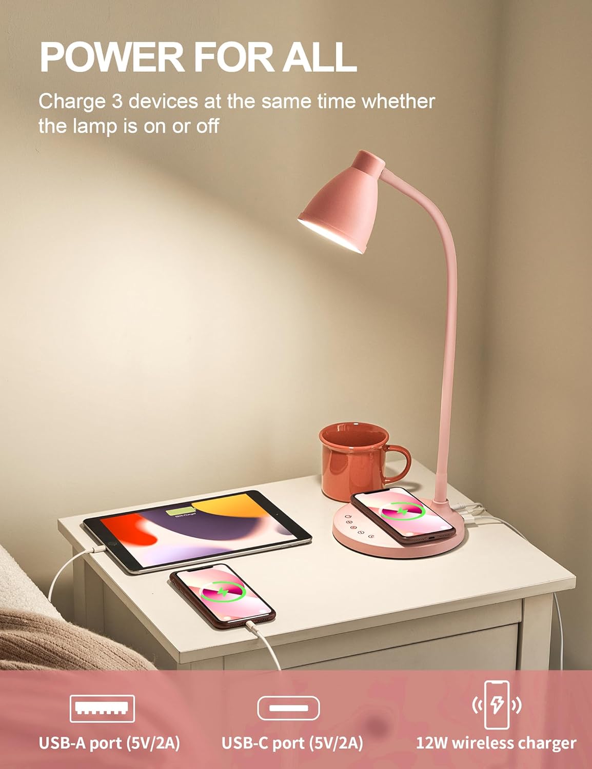 BOHON Cute Desk Lamp with USB C+A Charging Ports, Wireless Charger Pink Lamp, 5 Colors Stepless Dimming Reading Light, Touch Bedside Table Lamp, LED Desk Light for Home Office College Dorm Room Pink