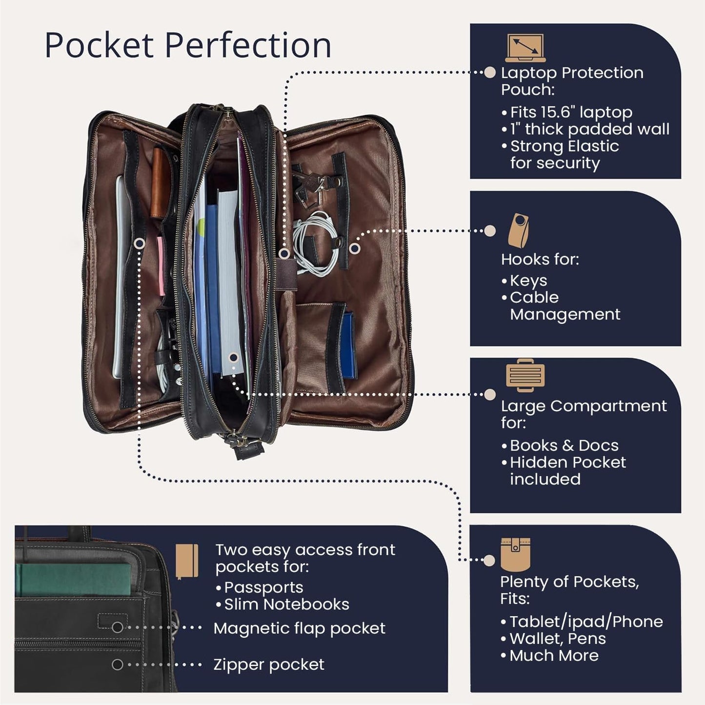 Luxorro Full Grain Leather Briefcase for Men, Top Choice Gifts for Men, Handcrafted Leather Laptop Bag with Multiple Compartments and Brass Hardware, Fits 15.6 Inch Laptop