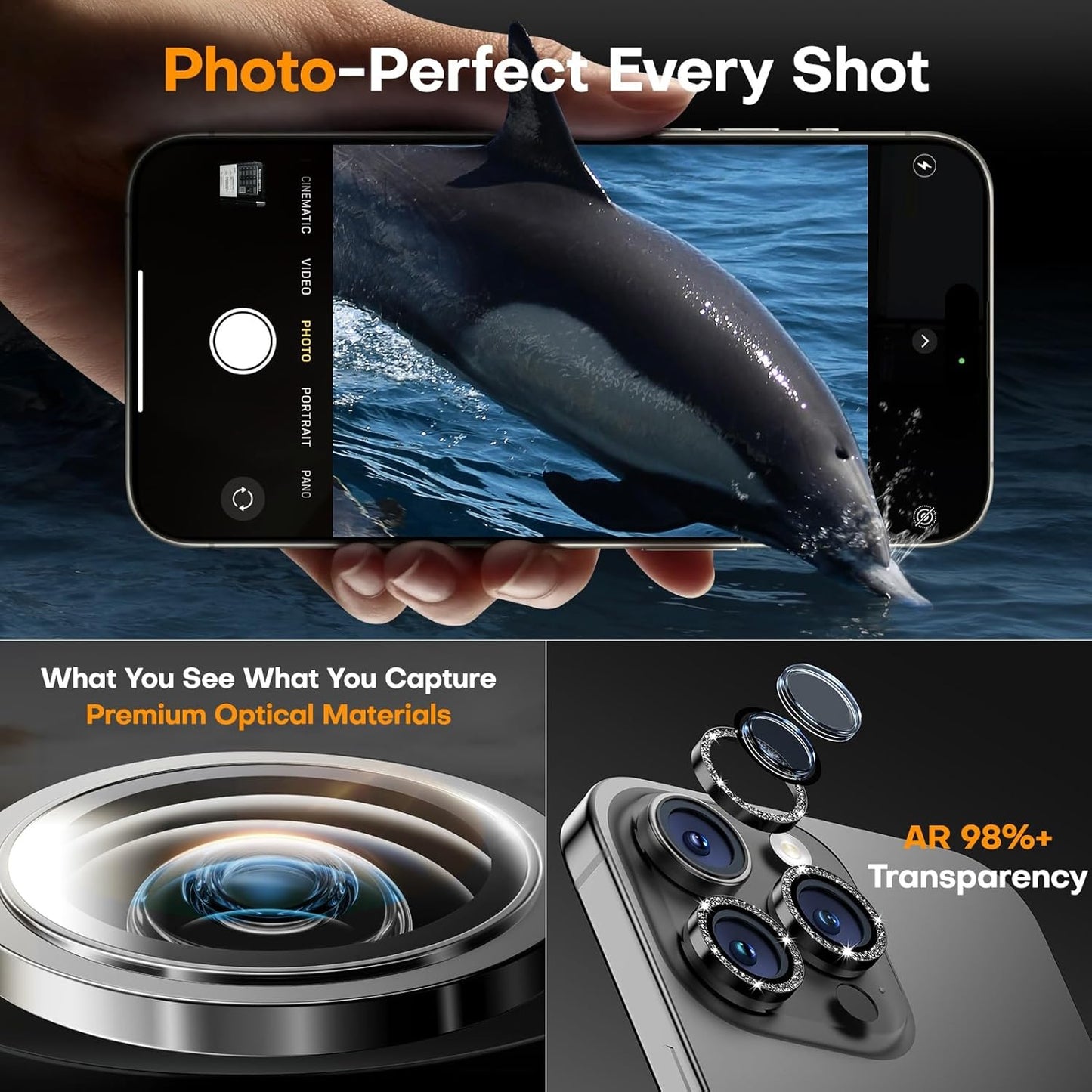 Camera Lens Protector for iPhone 16 Pro Max/16 Pro/15 Pro Max/15 Pro/14 Pro Max/14 Pro, Sapphire Glass Metal Individual Camera Cover Screen, Anti-drop, Case Friendly- Glitter Black Titanium
