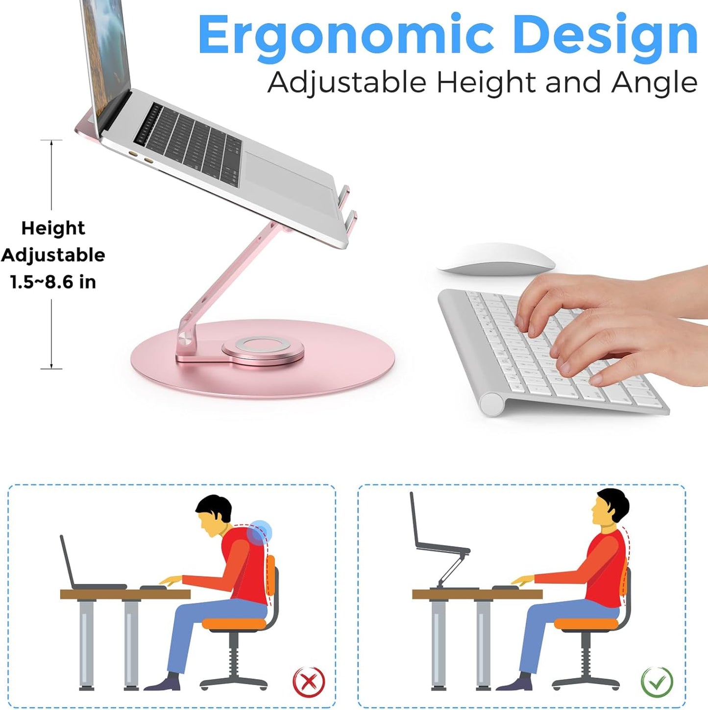 Swivel Laptop Stand for Desk, Adjustable Height Aluminum Computer Stand with 360 Rotating Base, Foldable Ergonomic Riser, Portable Laptop Holder Compatible with MacBook, All Laptops 10-17'', Pink